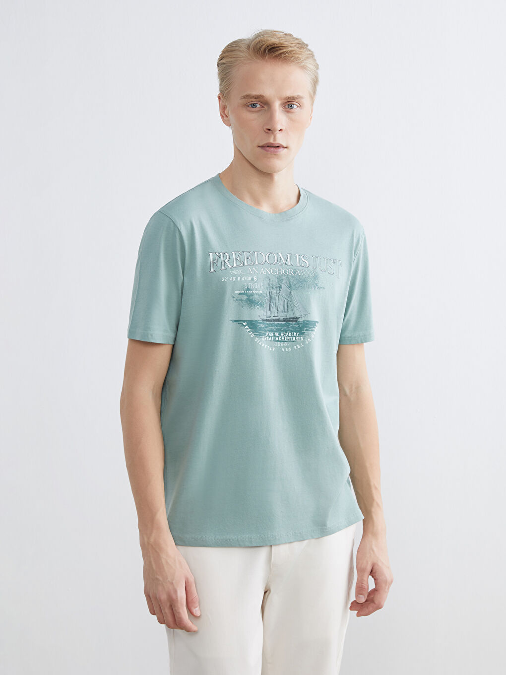 Yeşil Bisiklet Yaka Baskılı Penye Erkek Tişört