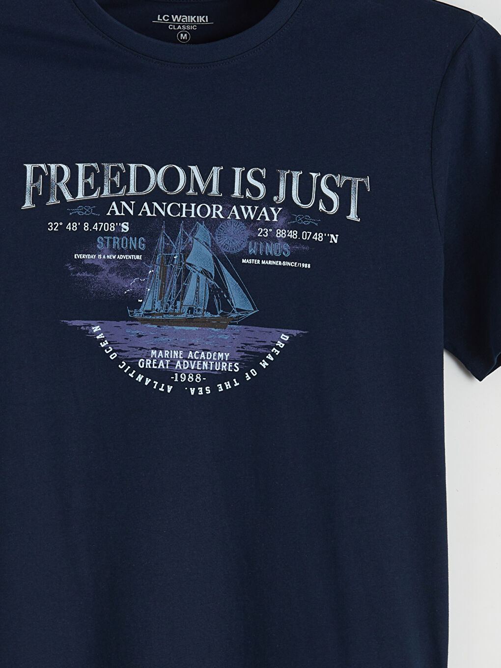 Lacivert Bisiklet Yaka Baskılı Penye Erkek Tişört-6