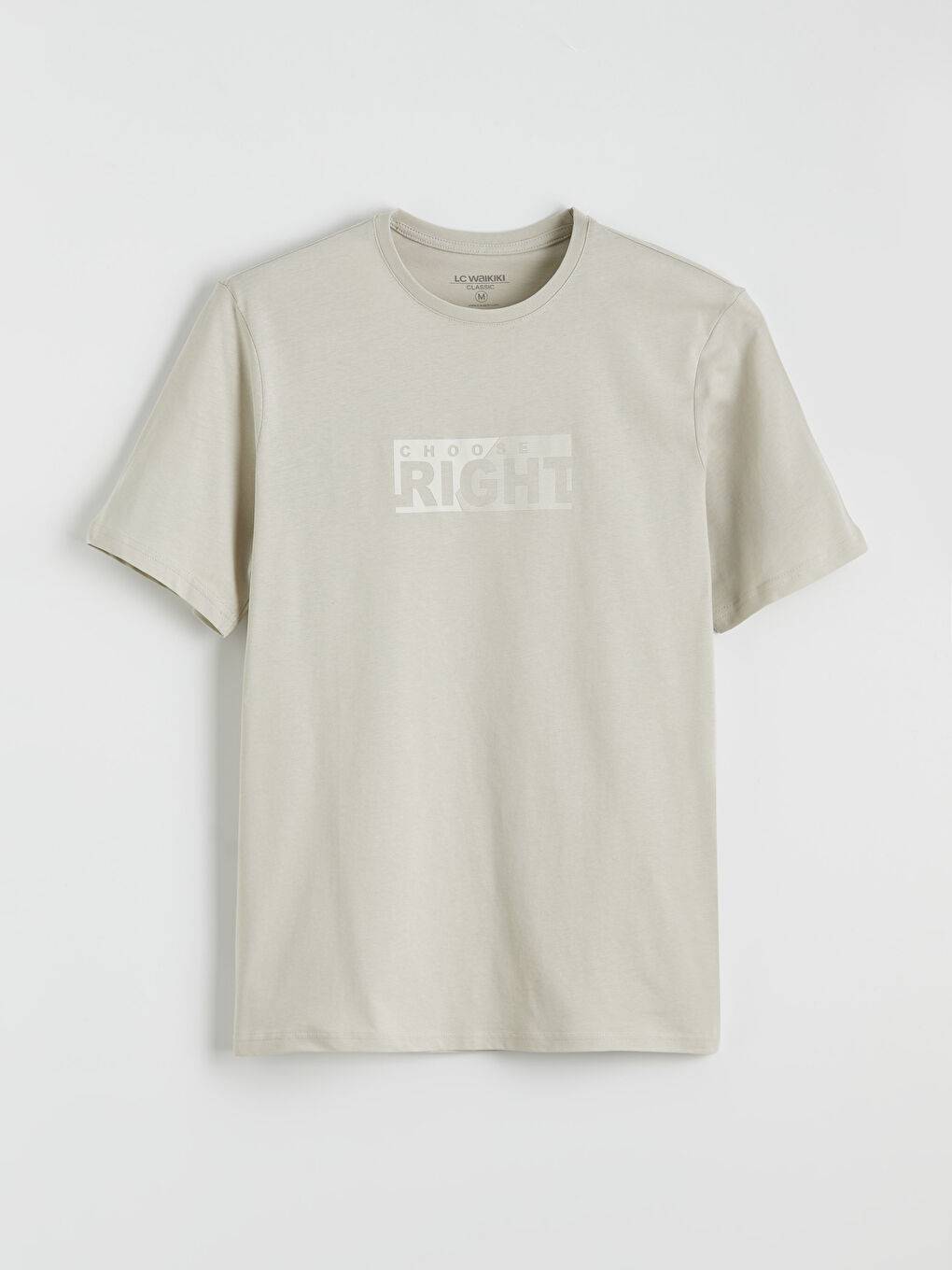 Bej Bisiklet Yaka Baskılı Penye Erkek Tişört