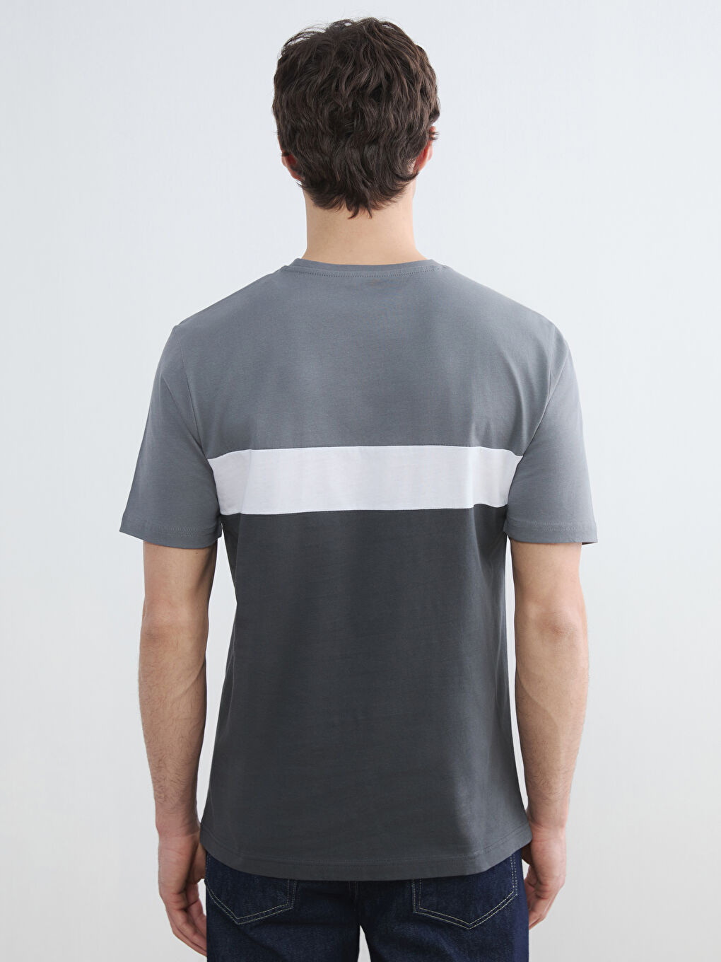 Antrasit Bisiklet Yaka Renk Bloklu Penye Erkek Tişört-3
