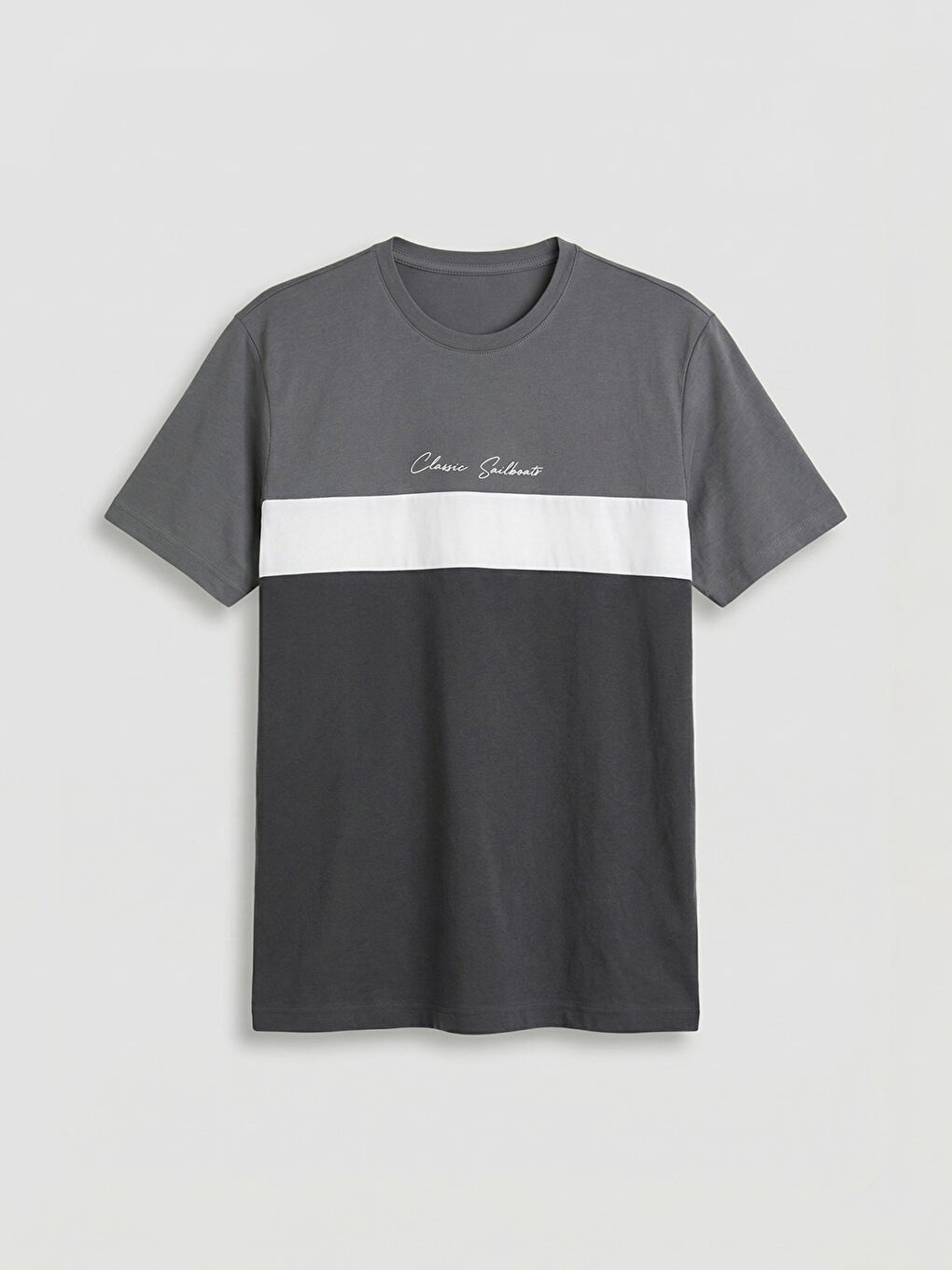 Antrasit Bisiklet Yaka Renk Bloklu Penye Erkek Tişört