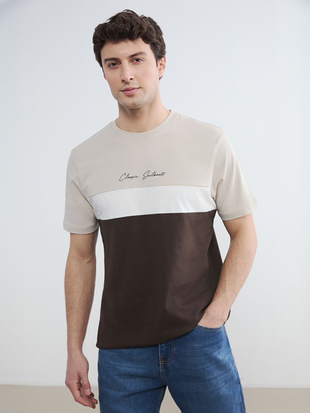 Kahverengi Bisiklet Yaka Renk Bloklu Penye Erkek Tişört
