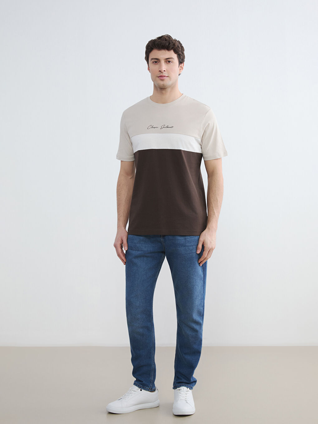 Kahverengi Bisiklet Yaka Renk Bloklu Penye Erkek Tişört-1