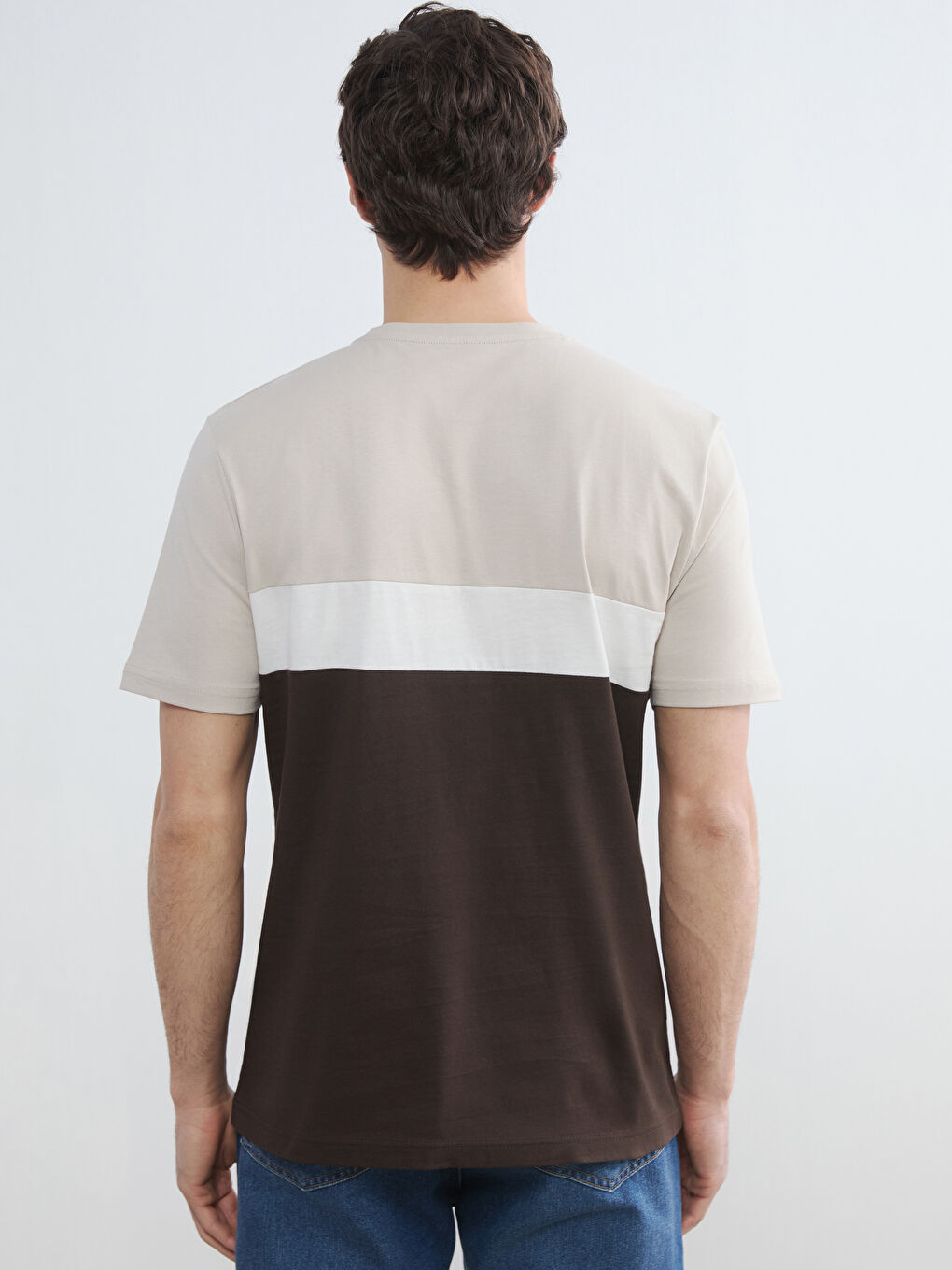 Kahverengi Bisiklet Yaka Renk Bloklu Penye Erkek Tişört-3