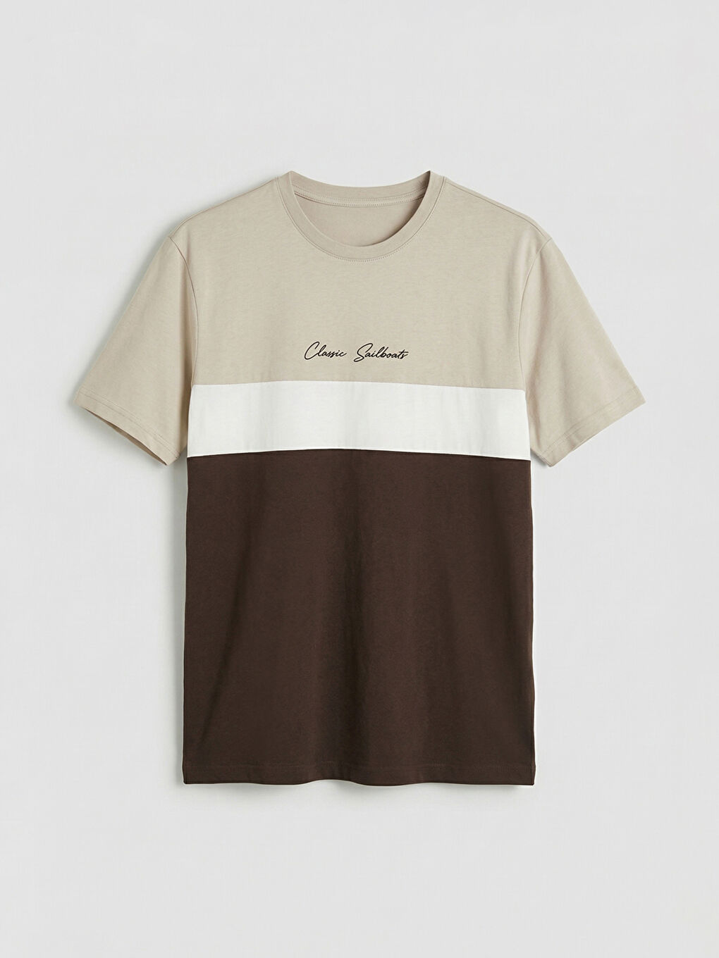 Kahverengi Bisiklet Yaka Renk Bloklu Penye Erkek Tişört