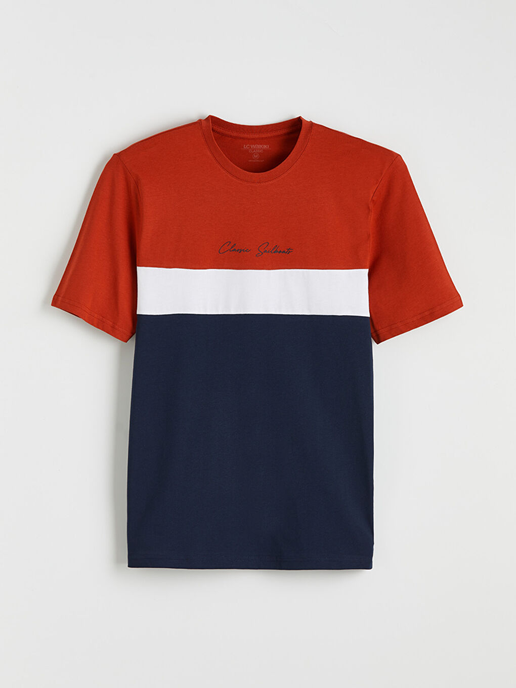 Turuncu Bisiklet Yaka Renk Bloklu Penye Erkek Tişört