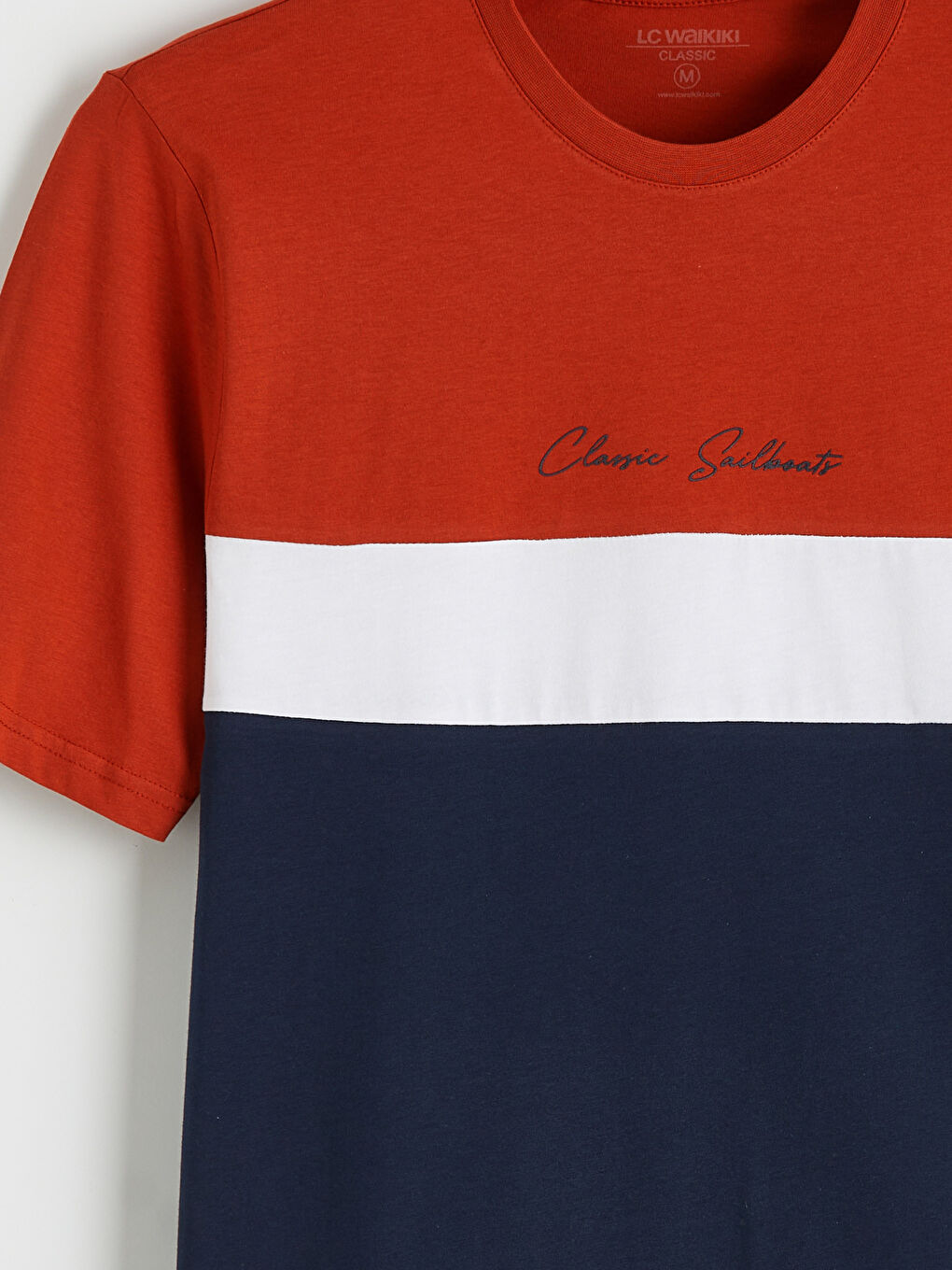 Turuncu Bisiklet Yaka Renk Bloklu Penye Erkek Tişört-1