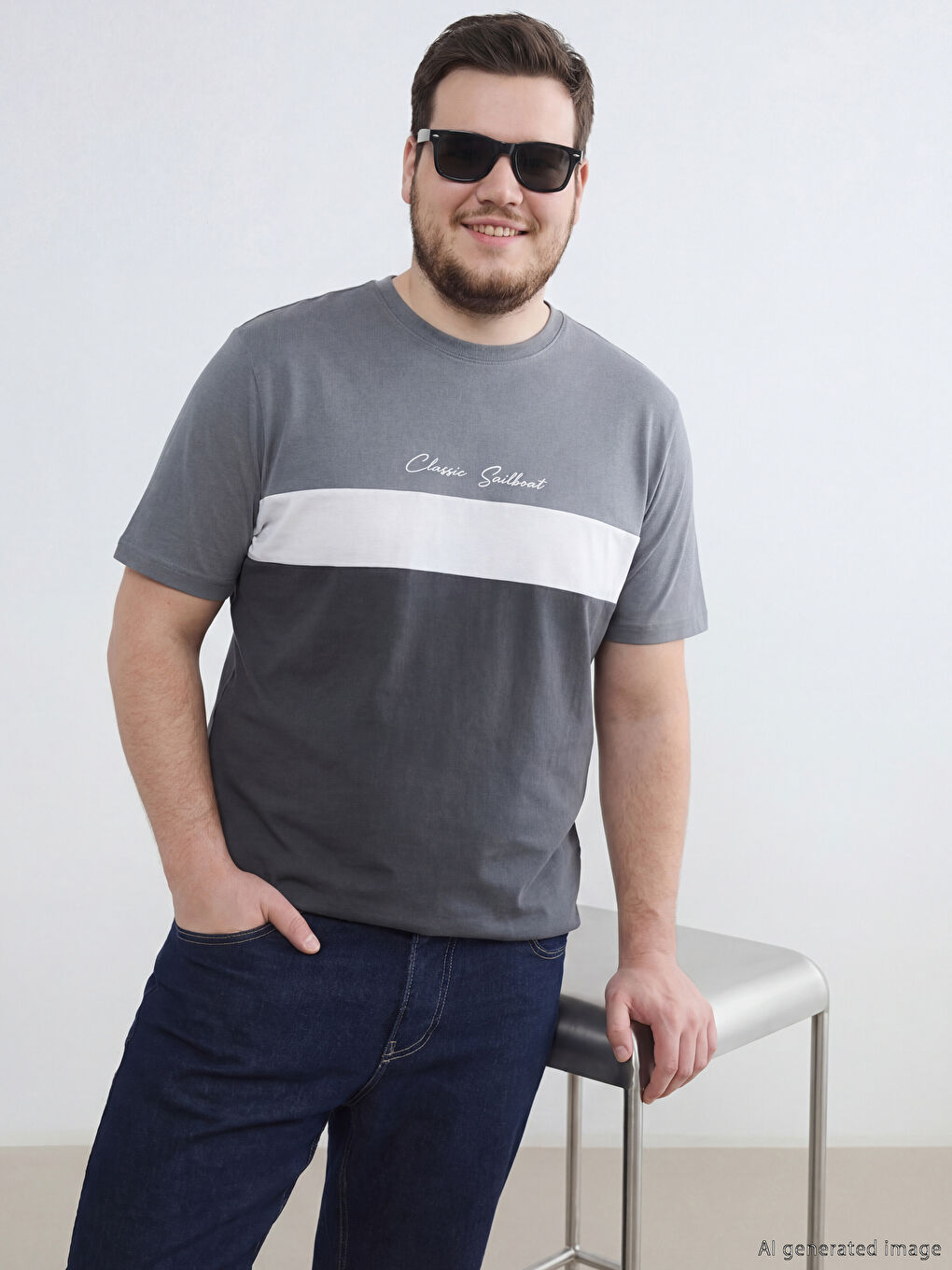 Antrasit Bisiklet Yaka Renk Bloklu Penye Erkek Tişört-1