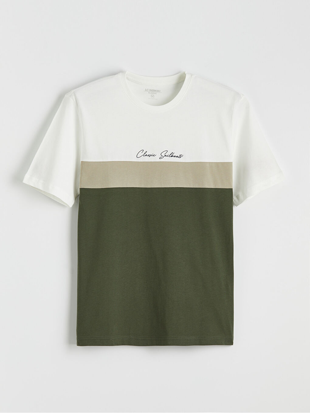 Ekru Bisiklet Yaka Renk Bloklu Penye Erkek Tişört