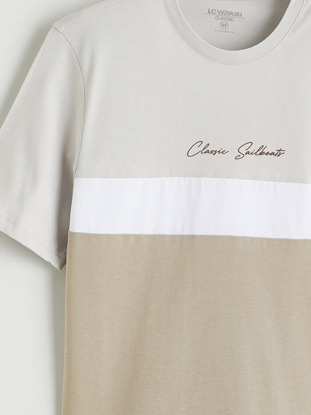 Bej Bisiklet Yaka Renk Bloklu Penye Erkek Tişört-2