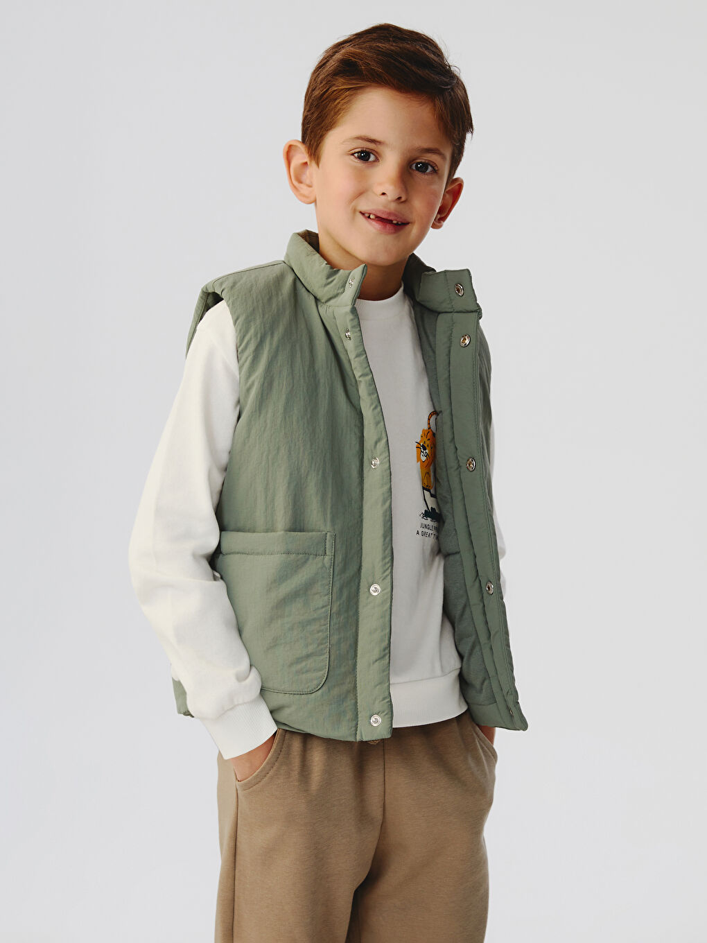 Haki Dik Yaka Erkek Çocuk Şişme Yelek