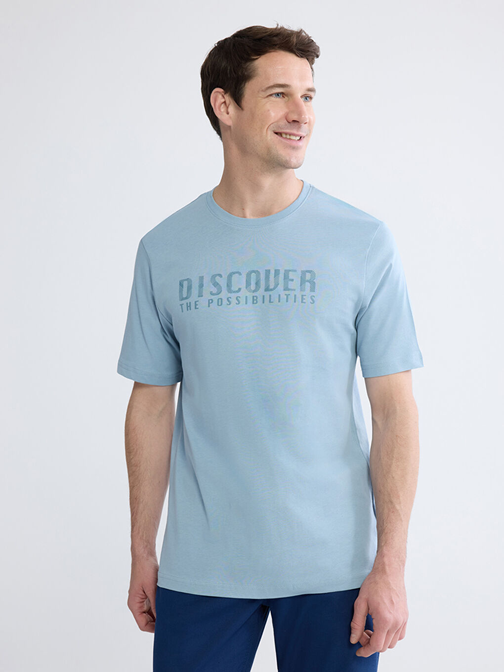 Mavi Bisiklet Yaka Baskılı Penye Erkek Tişört-2