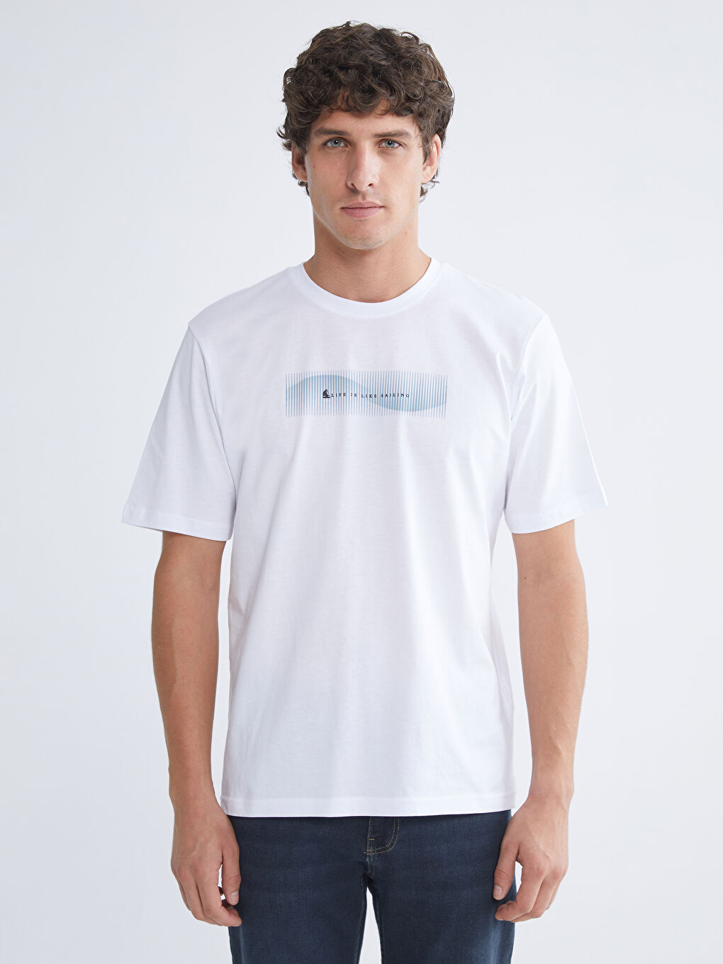 Beyaz Bisiklet Yaka Baskılı Penye Erkek Tişört