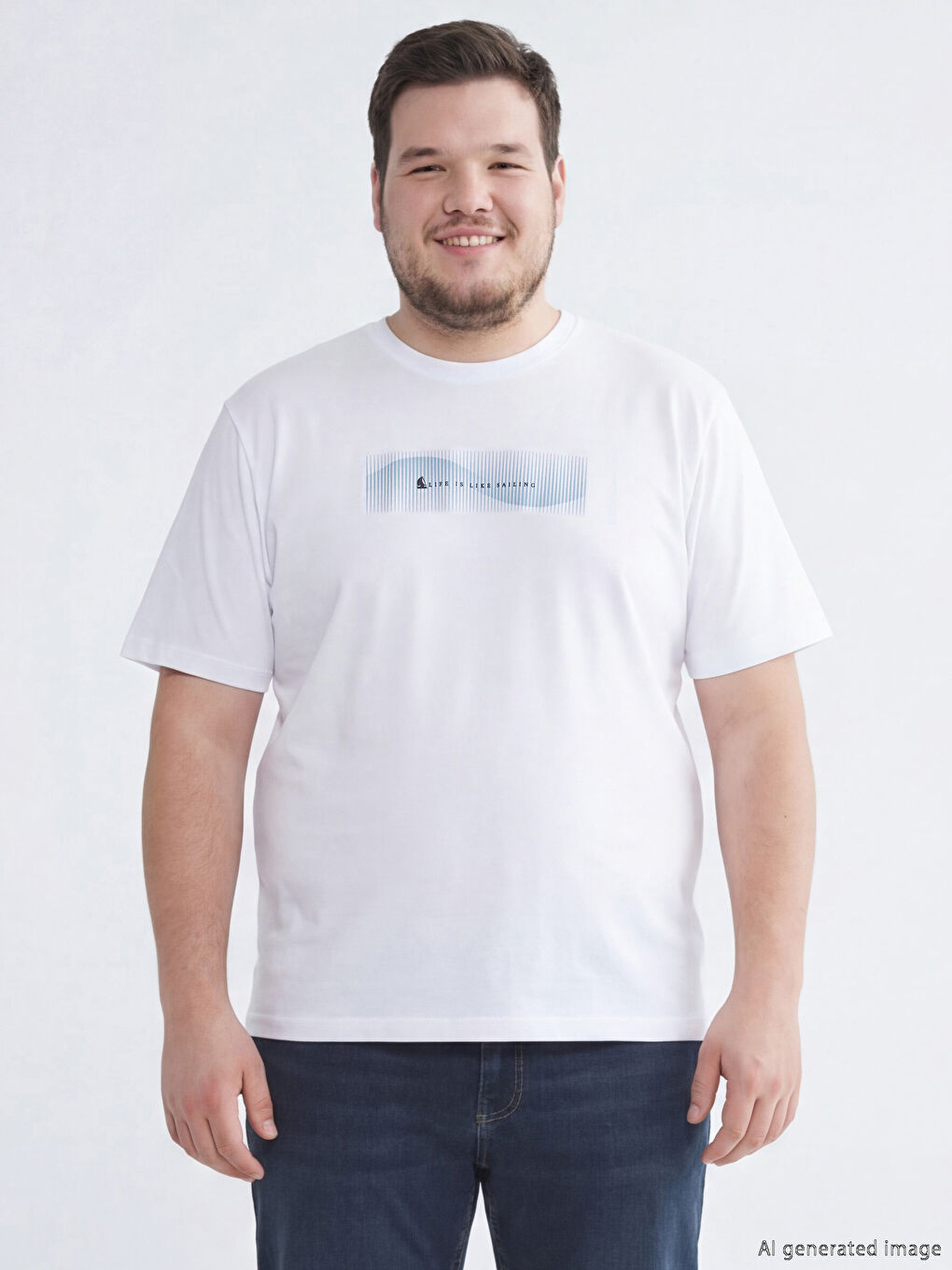 Beyaz Bisiklet Yaka Baskılı Penye Erkek Tişört-1