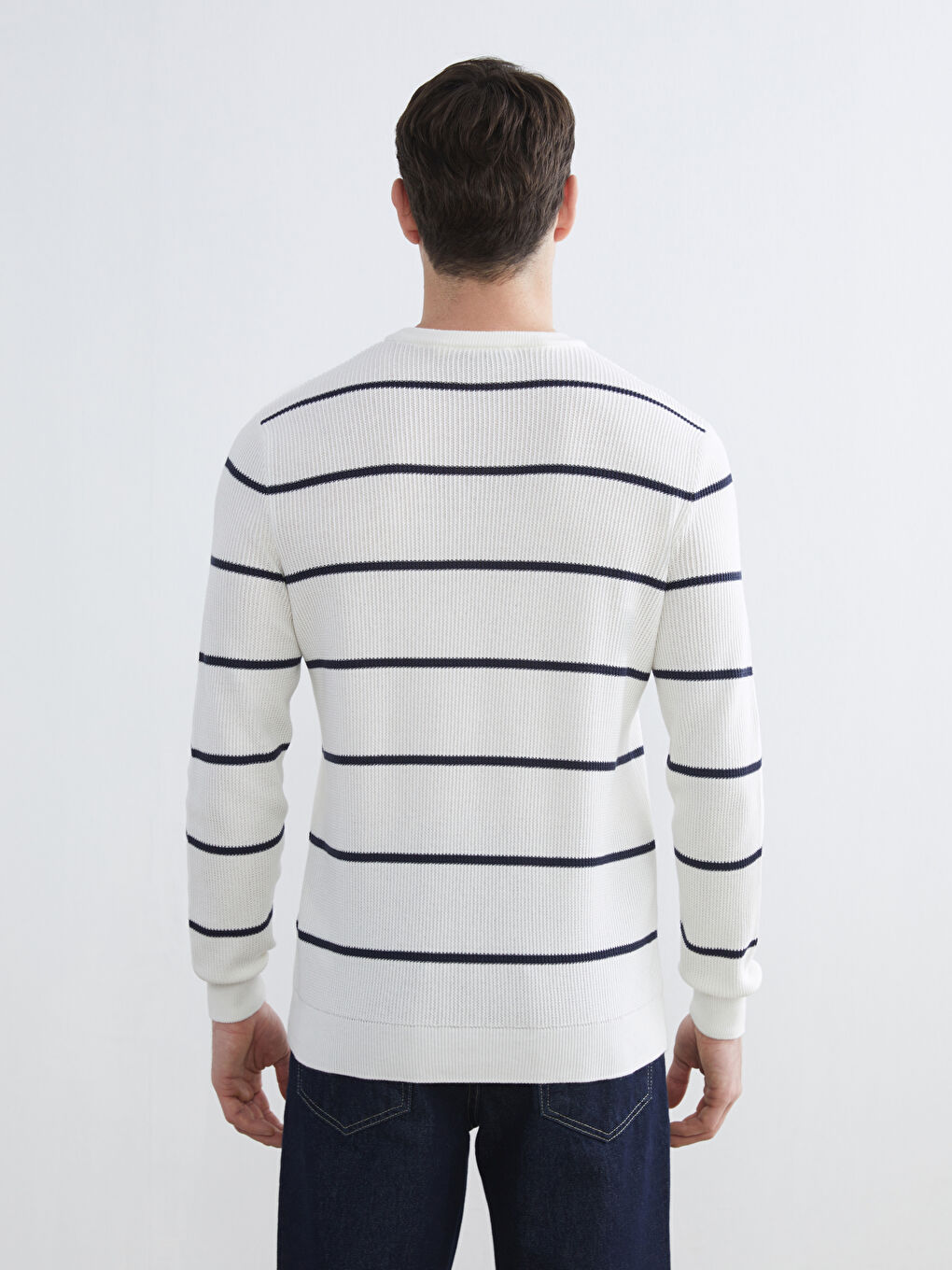 Ekru Bisiklet Yaka Çizgili Erkek Kazak-3