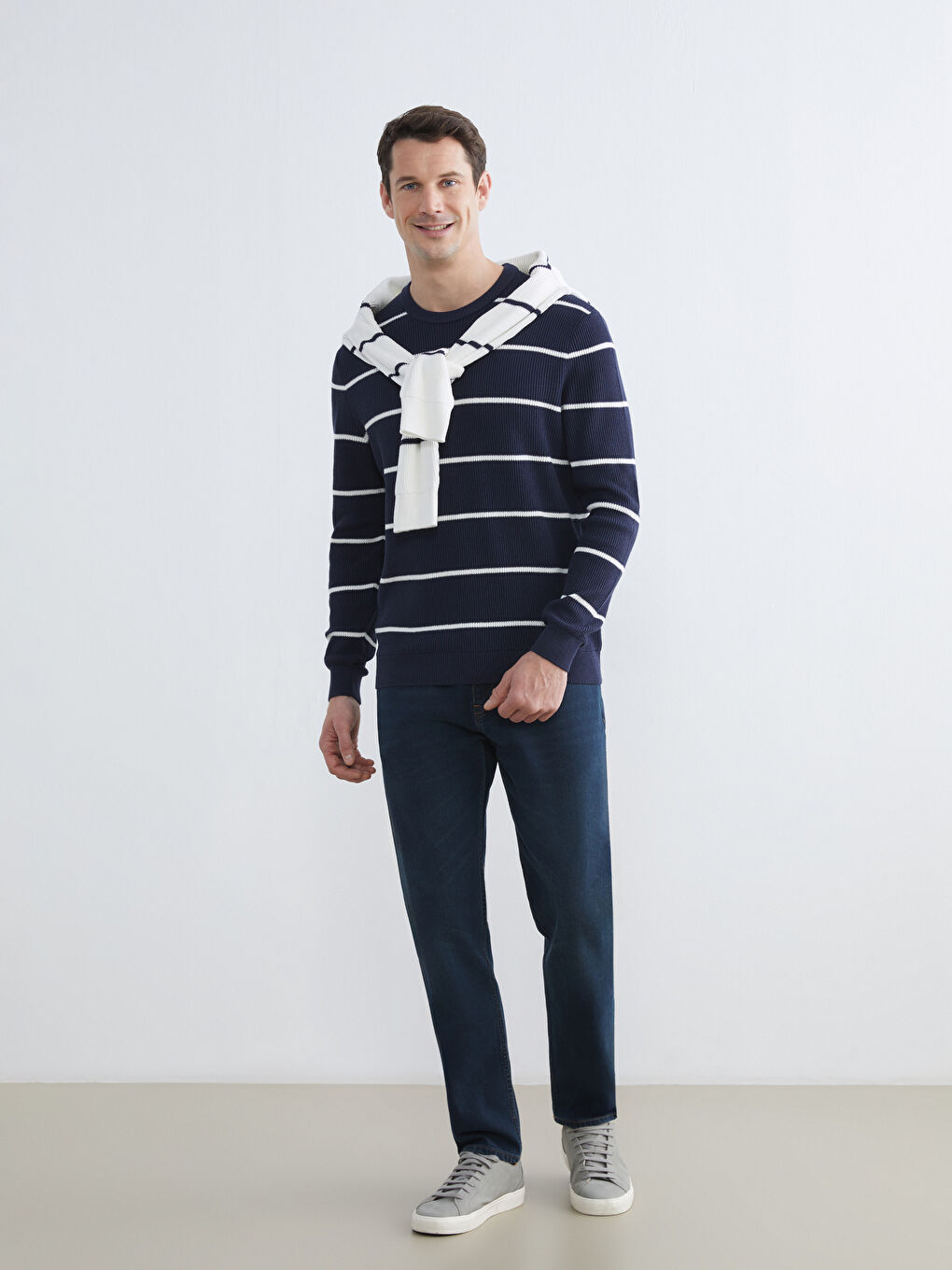 Lacivert Bisiklet Yaka Çizgili Erkek Kazak-1