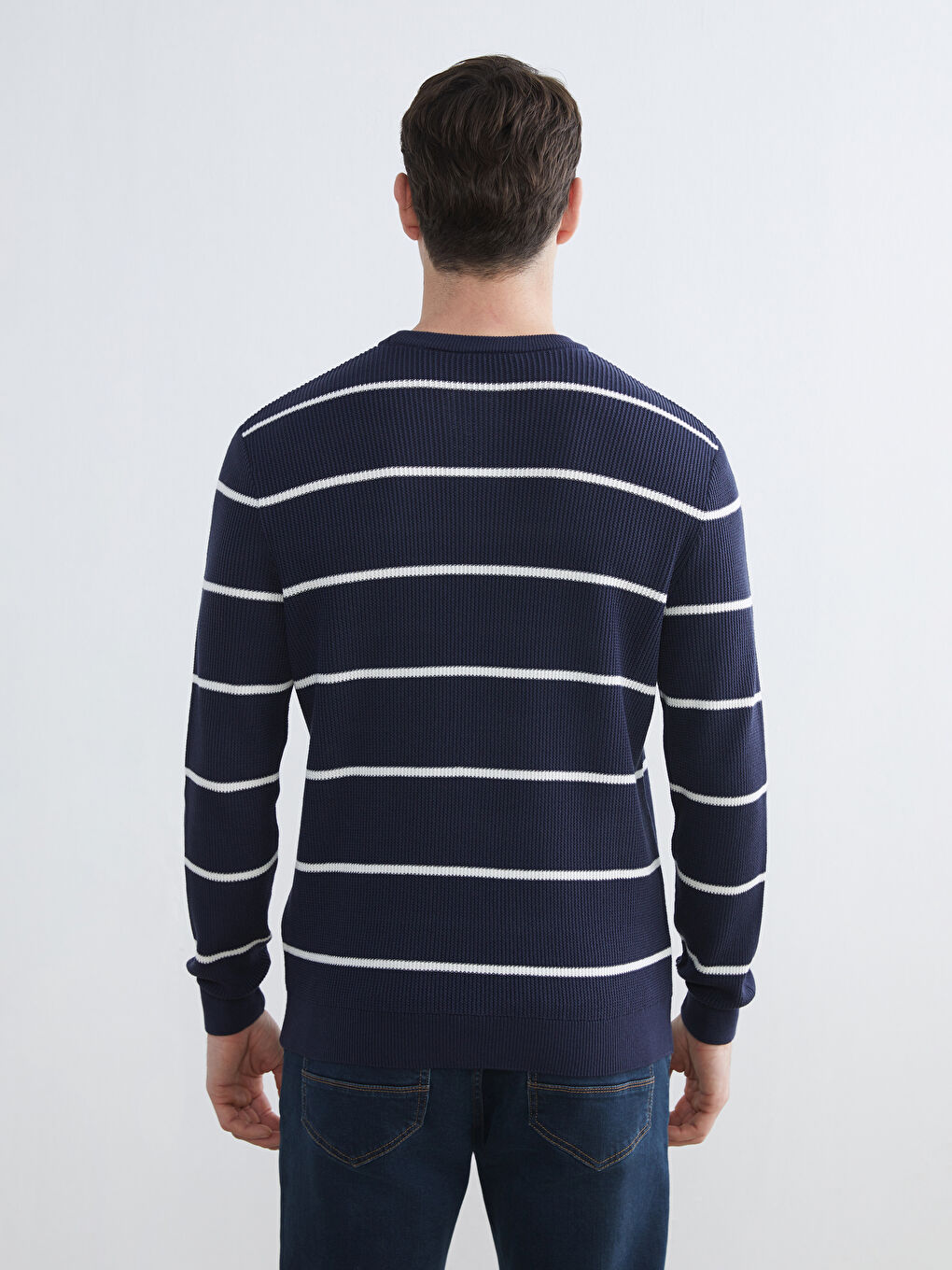 Lacivert Bisiklet Yaka Çizgili Erkek Kazak-3