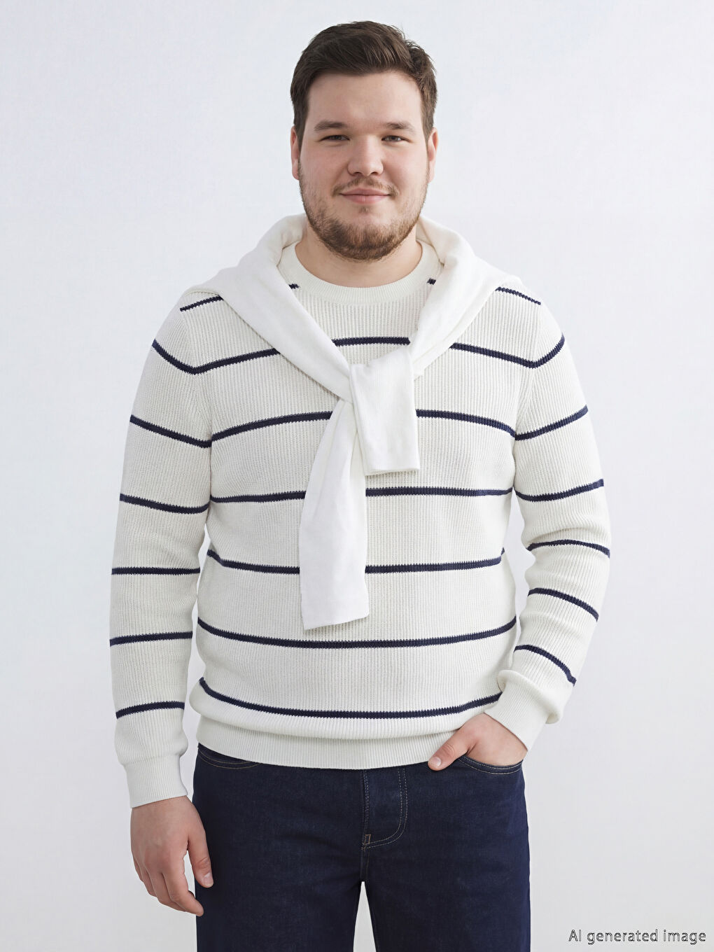 Ekru Bisiklet Yaka Çizgili Erkek Kazak-2