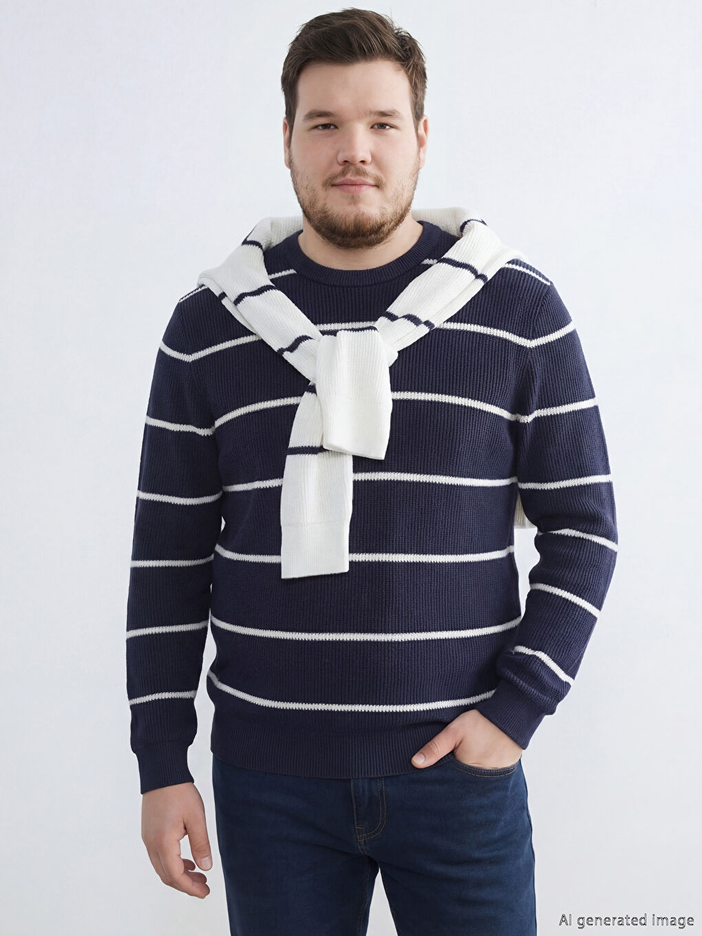 Lacivert Bisiklet Yaka Çizgili Erkek Kazak-1