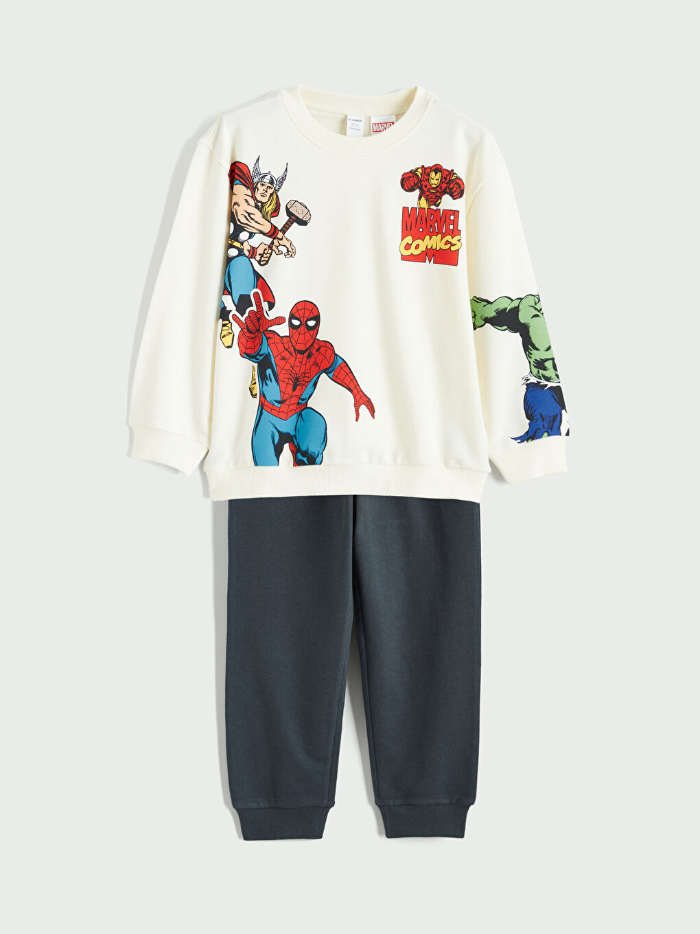 Bej Marvel Comics Baskılı Erkek Çocuk Sweatshirt ve Eşofman Alt