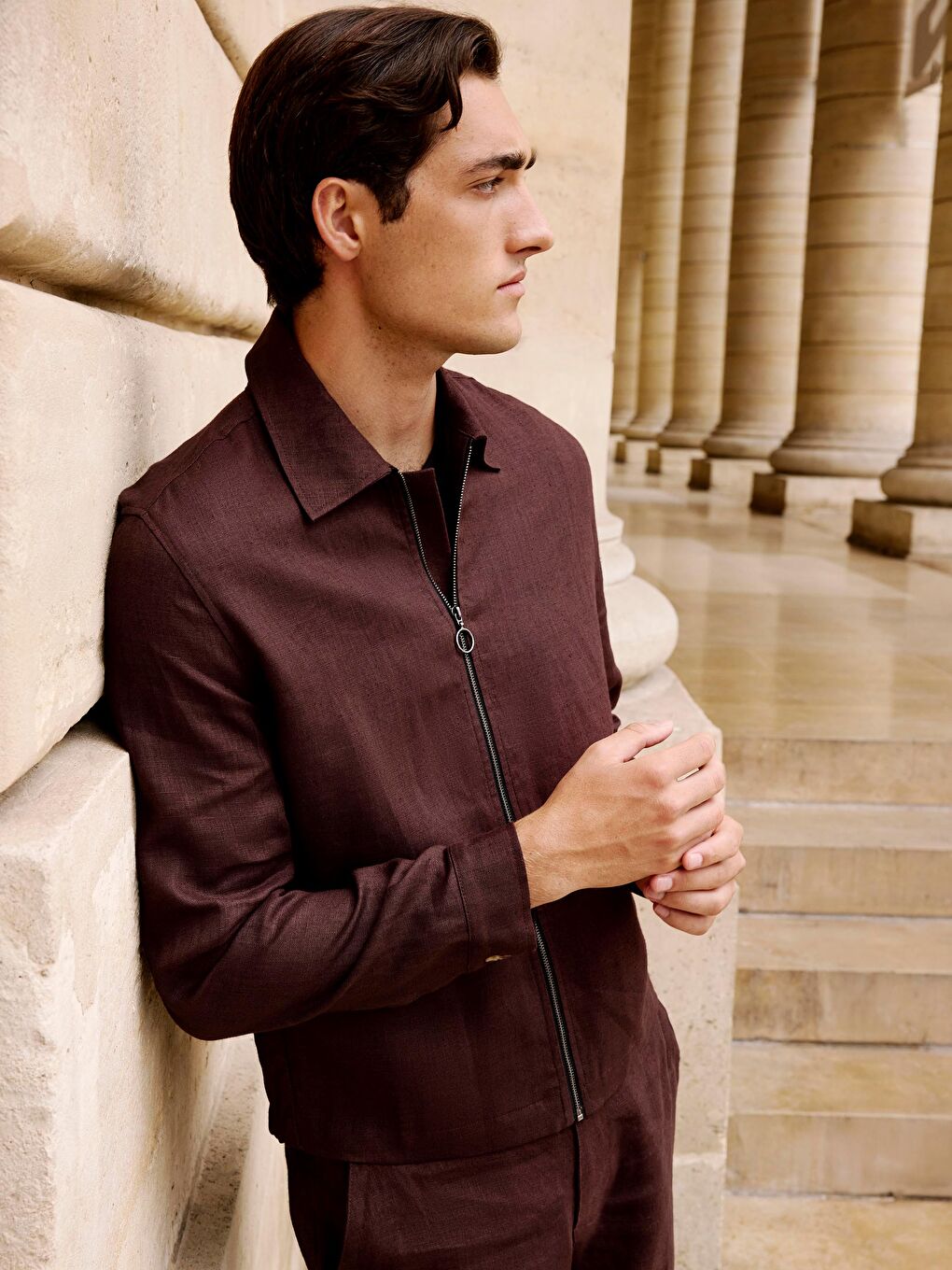 Kahverengi Gömlek Yaka %100 Keten Erkek Ceket