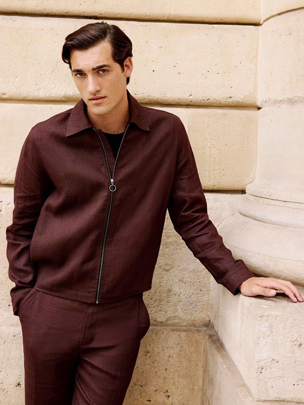 Kahverengi Gömlek Yaka %100 Keten Erkek Ceket-1