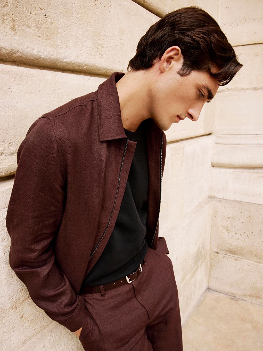 Kahverengi Gömlek Yaka %100 Keten Erkek Ceket-2