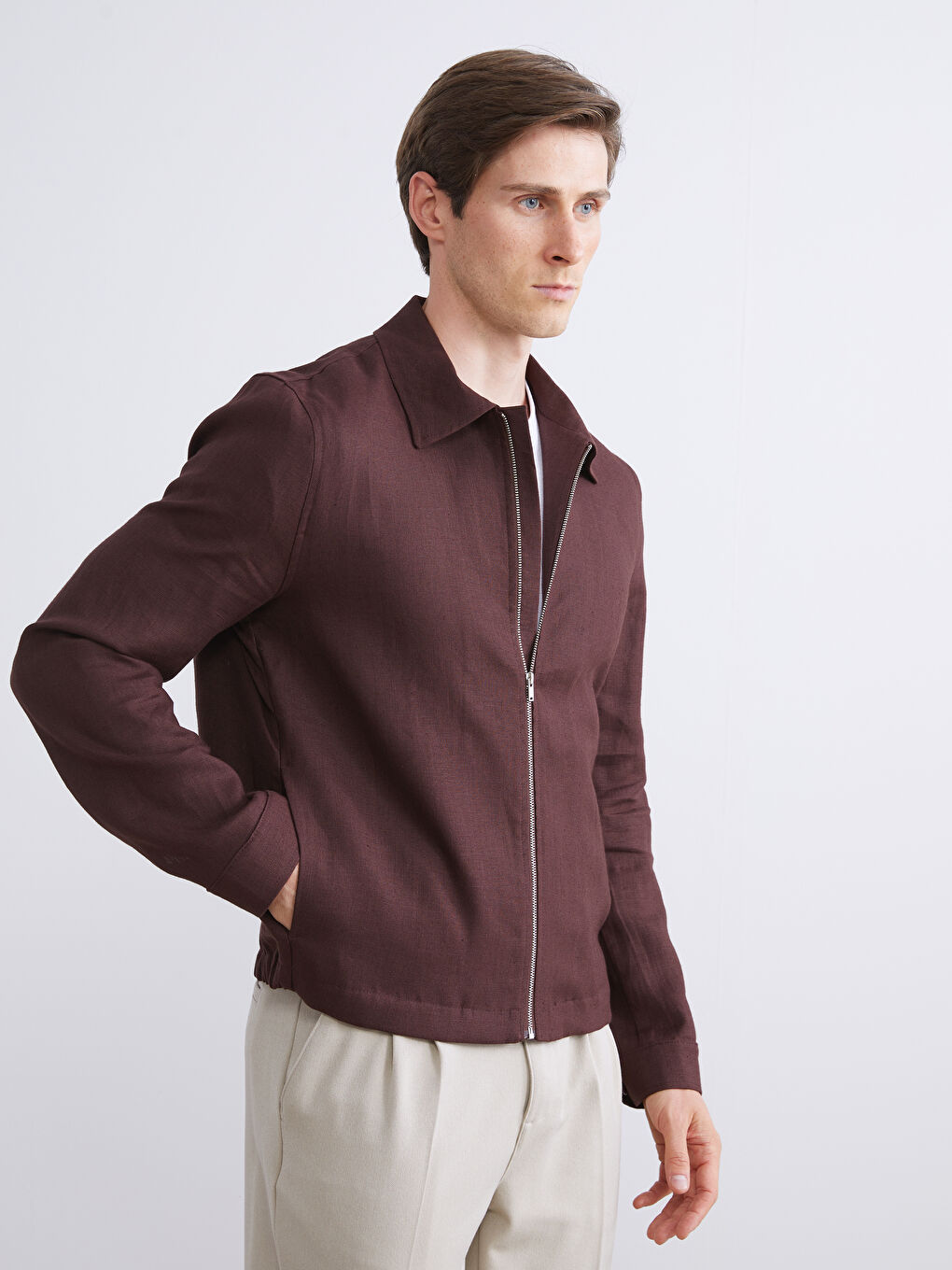 Kahverengi Gömlek Yaka %100 Keten Erkek Ceket-3