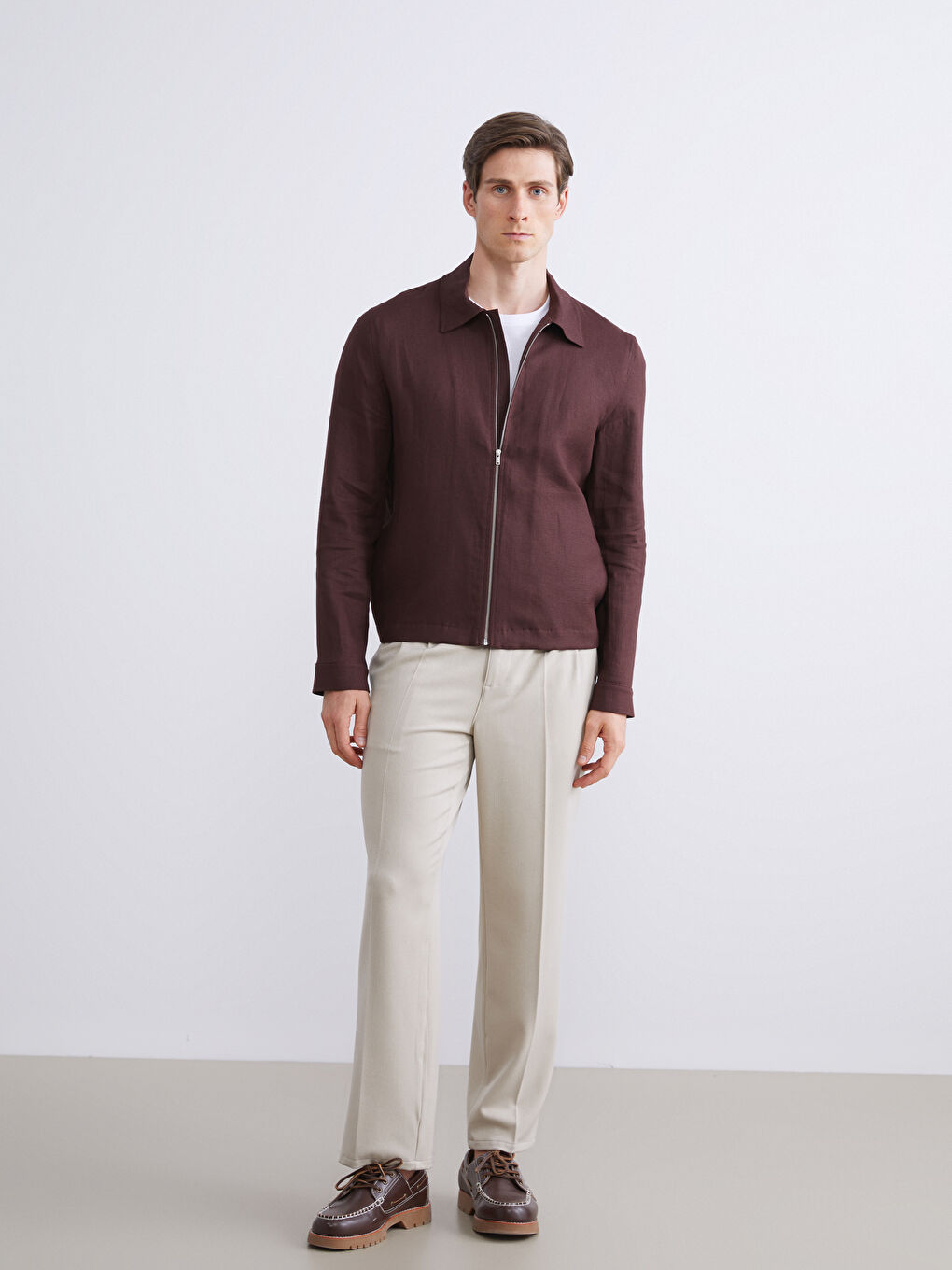 Kahverengi Gömlek Yaka %100 Keten Erkek Ceket-4