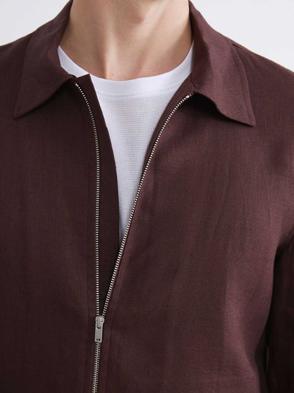 Kahverengi Gömlek Yaka %100 Keten Erkek Ceket-5