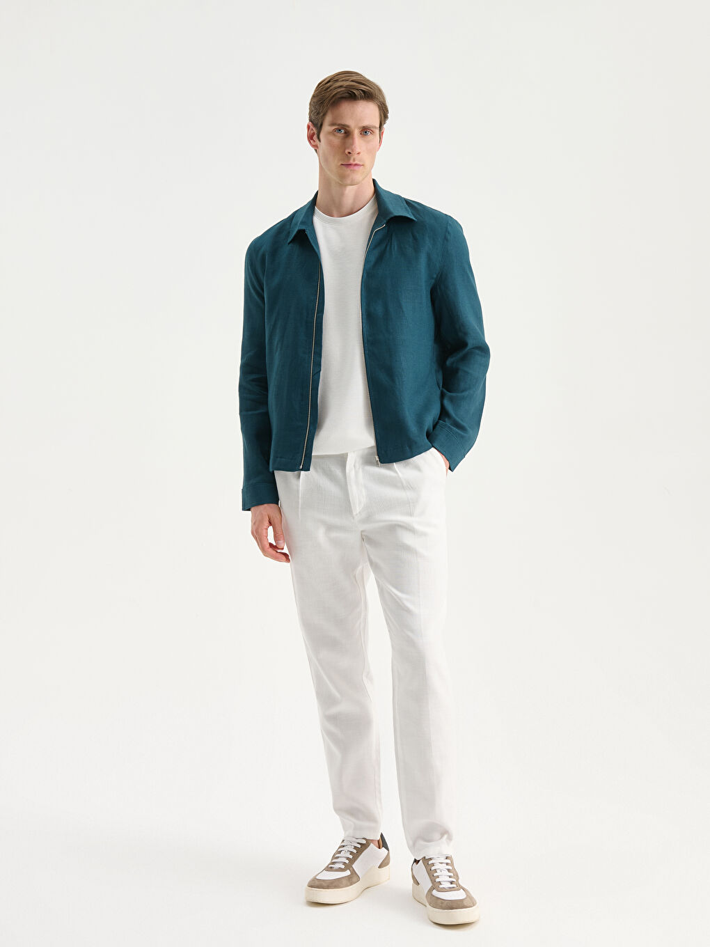 Petrol Gömlek Yaka %100 Keten Erkek Ceket-1