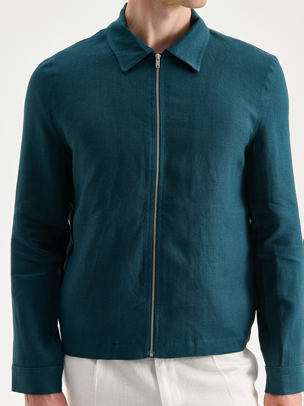 Petrol Gömlek Yaka %100 Keten Erkek Ceket-2