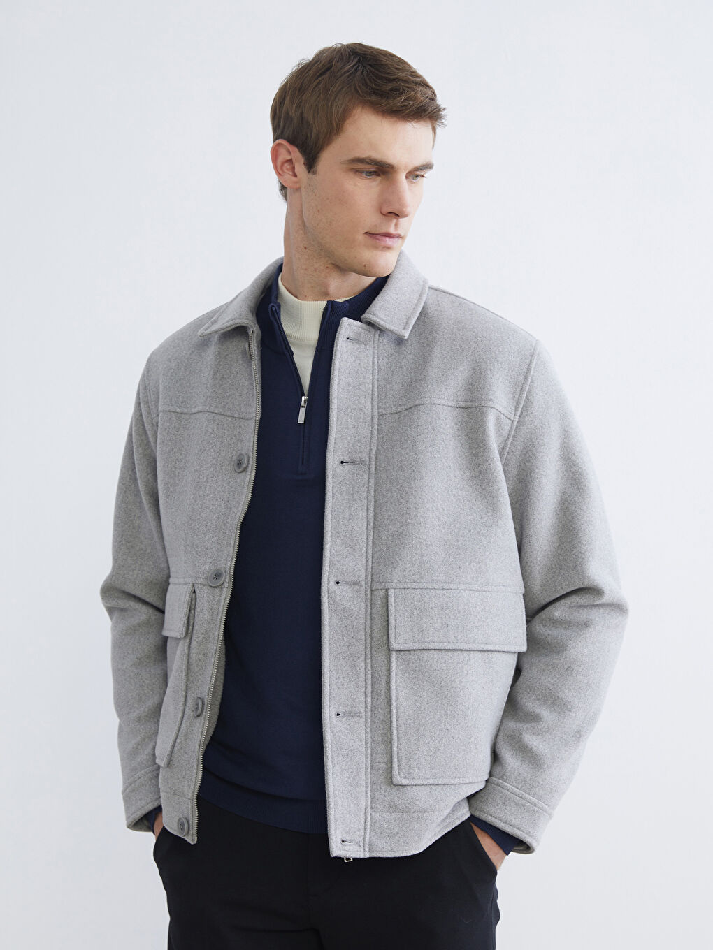 Gri Standart Kalıp Erkek Kaşe Mont