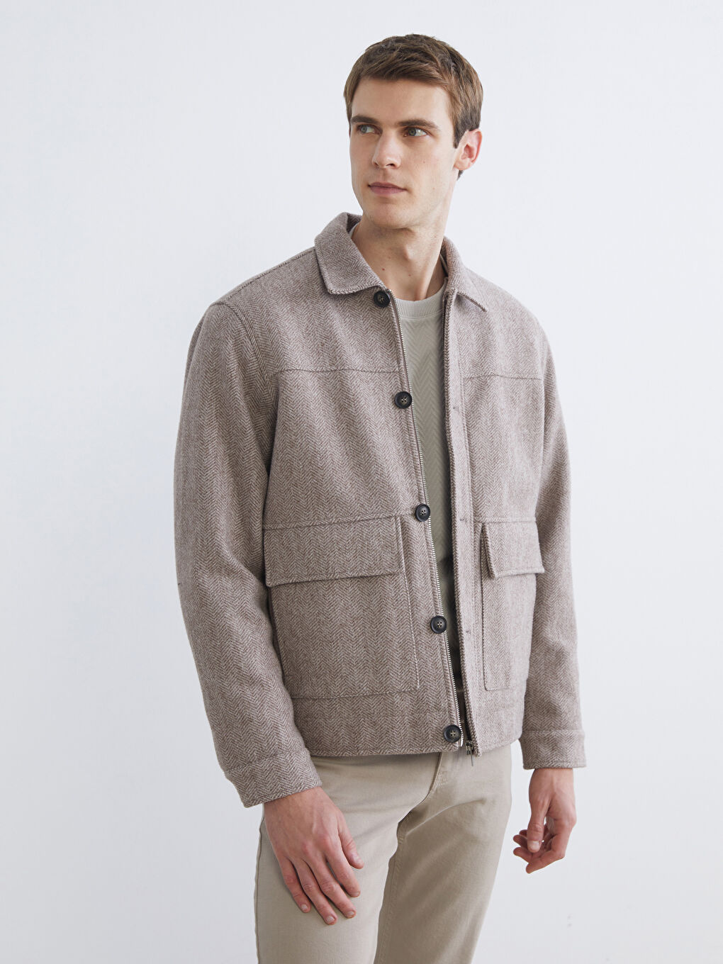 Bej Standart Kalıp Erkek Kaşe Mont