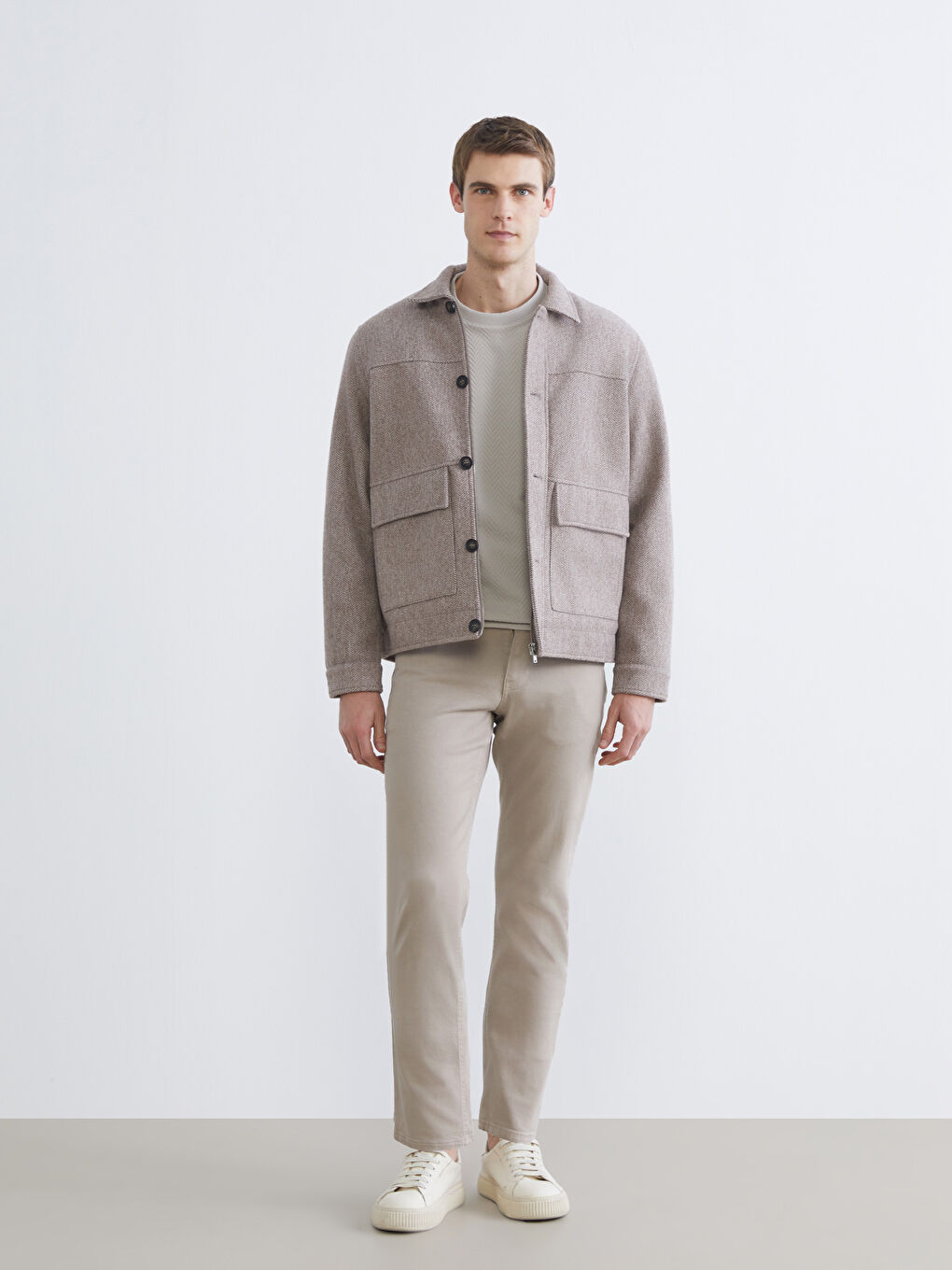 Bej Standart Kalıp Erkek Kaşe Mont-1