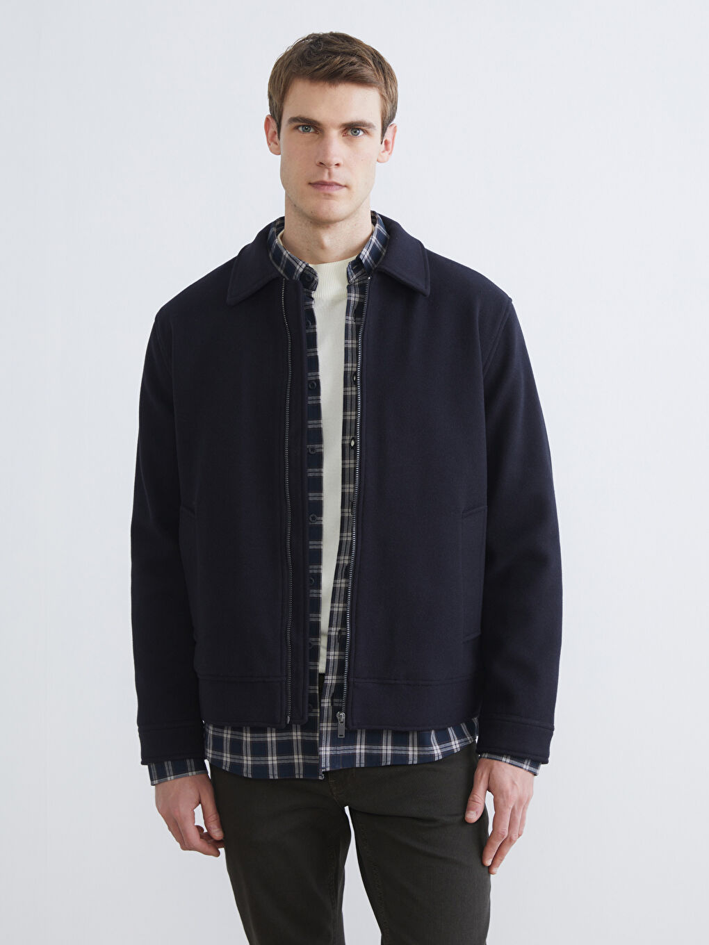 Lacivert Standart Kalıp Gömlek Yaka Erkek Kaşe Mont