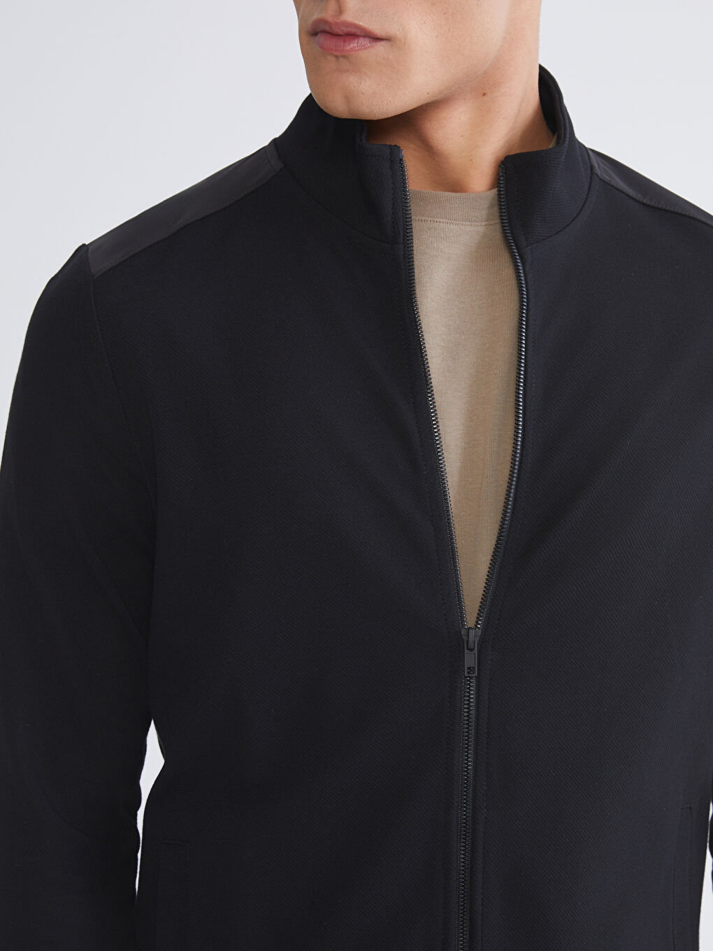 Siyah Dik Yaka Erkek Fermuarlı Sweatshirt-2