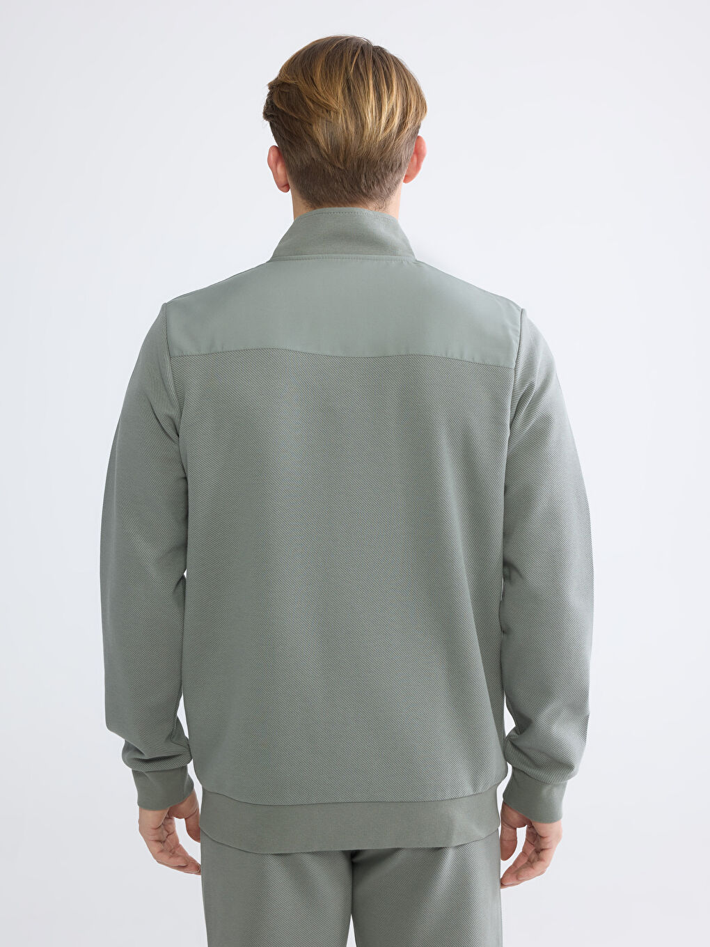 Haki Dik Yaka Erkek Fermuarlı Sweatshirt-4