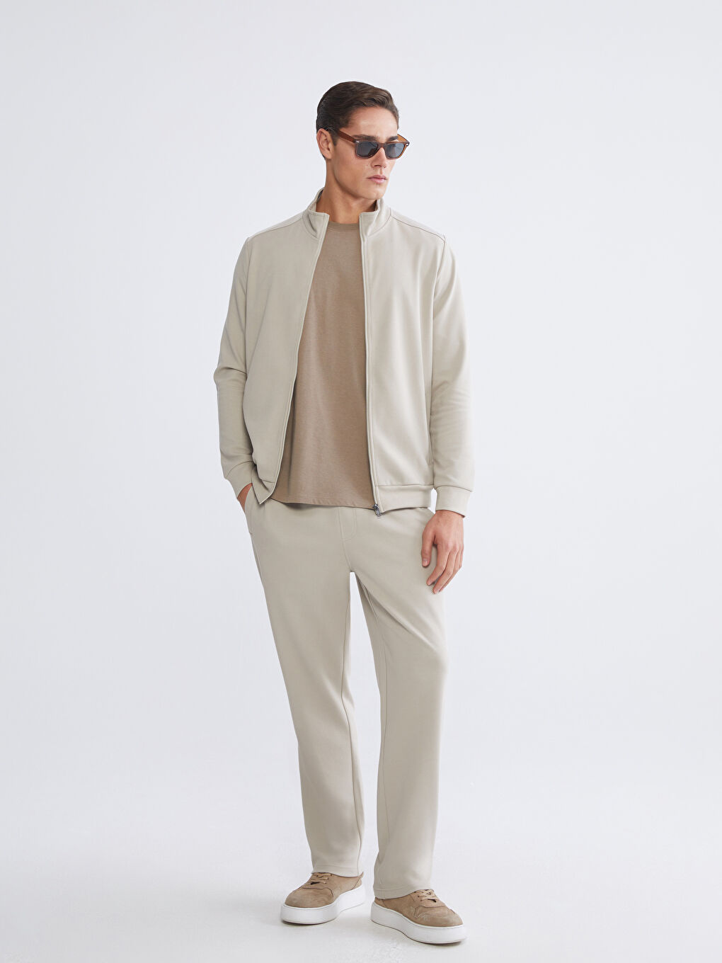 Bej Dik Yaka Erkek Fermuarlı Sweatshirt-1