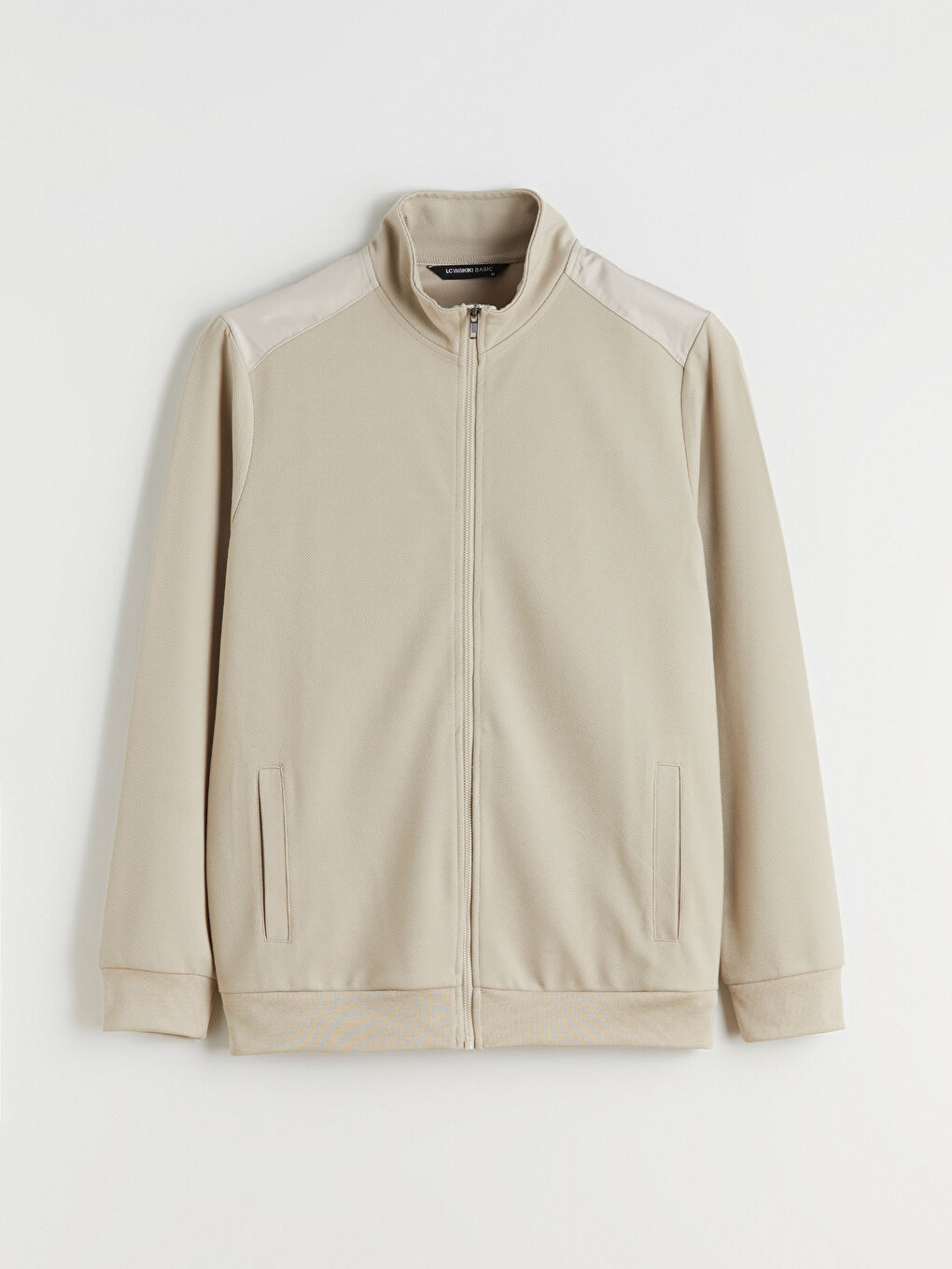 Bej Dik Yaka Erkek Fermuarlı Sweatshirt-5