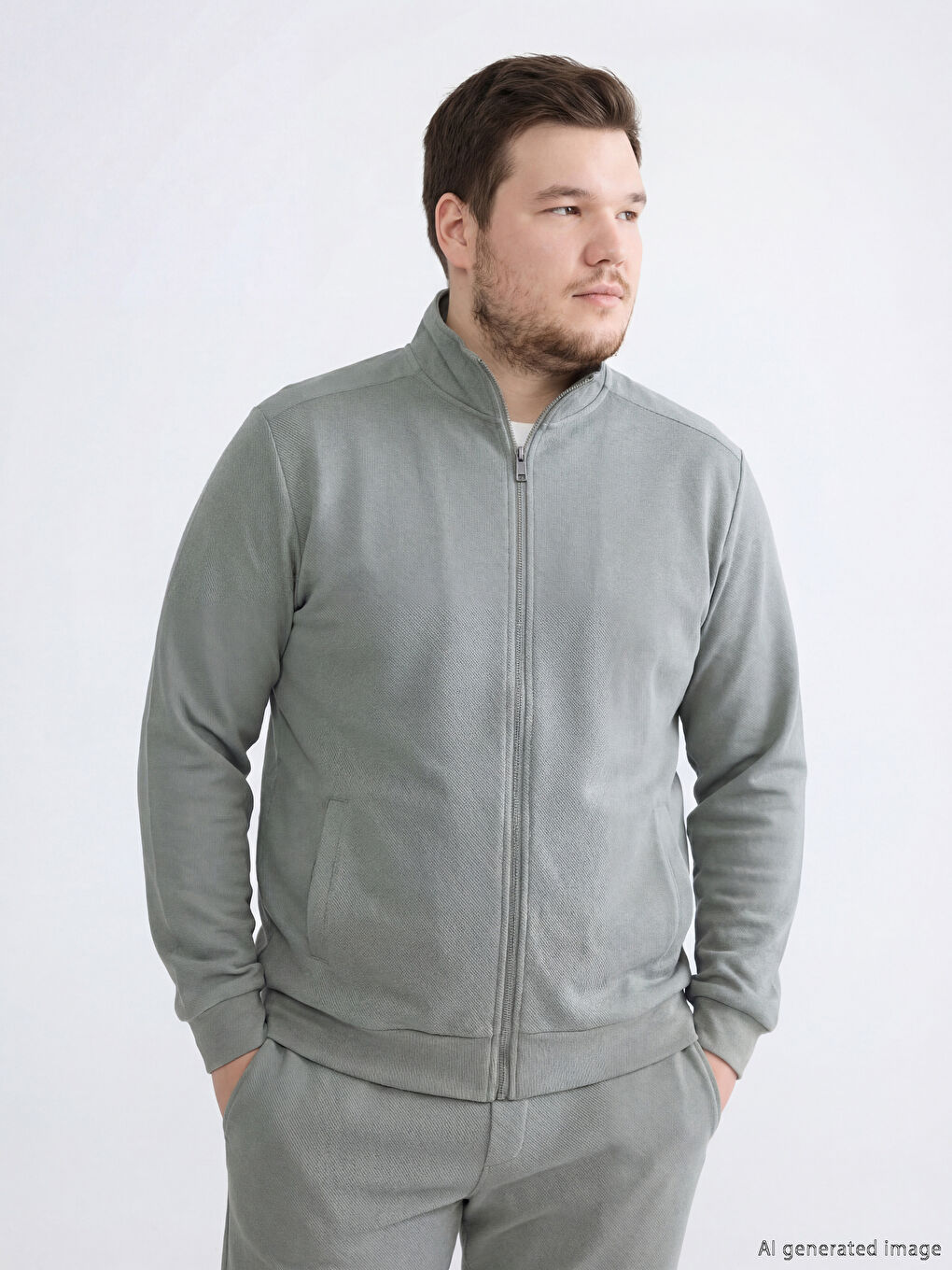 Haki Dik Yaka Erkek Fermuarlı Sweatshirt-1