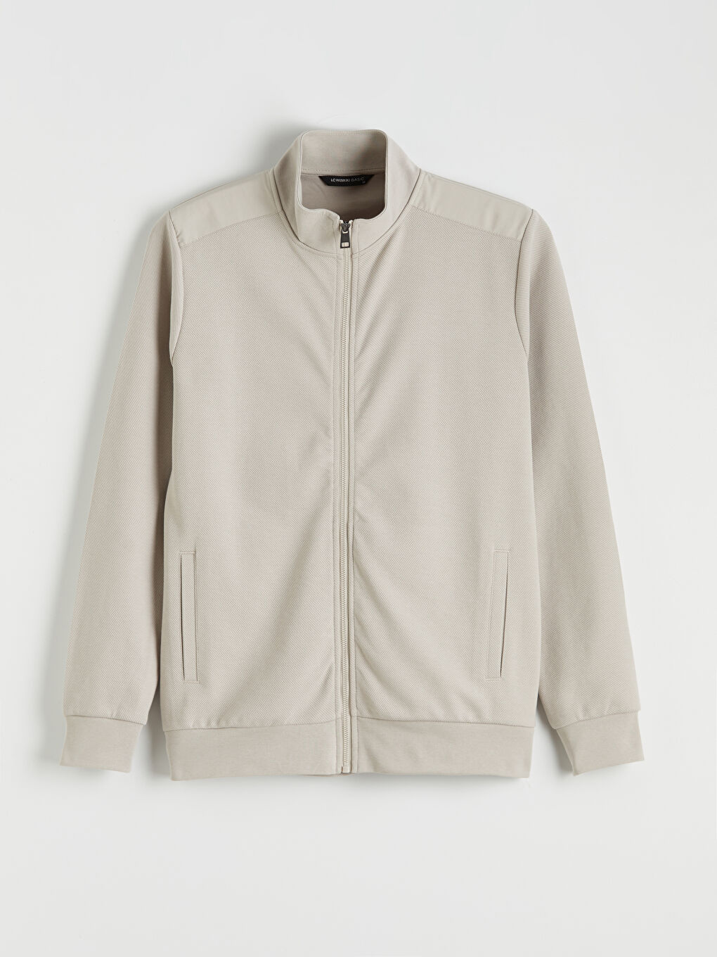 Bej Dik Yaka Erkek Fermuarlı Sweatshirt-4