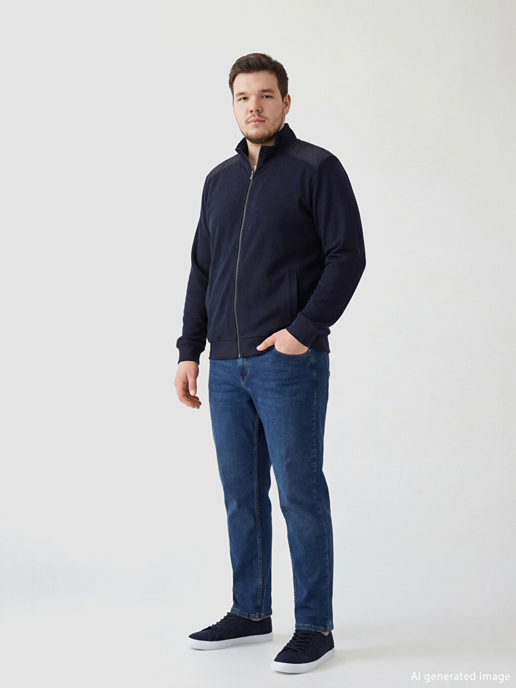 Lacivert Dik Yaka Erkek Fermuarlı Sweatshirt-1