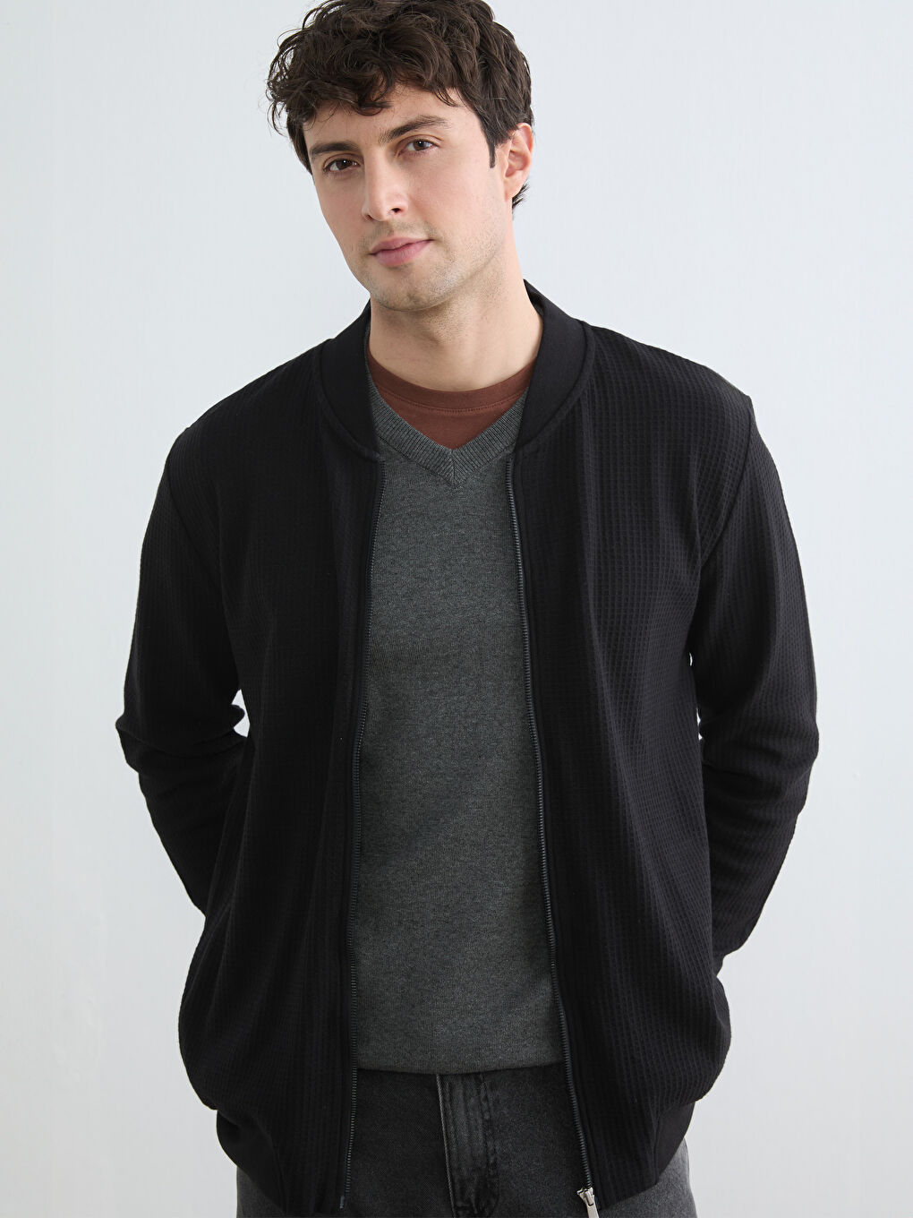 Siyah Kolej Yaka Erkek Fermuarlı Sweatshirt