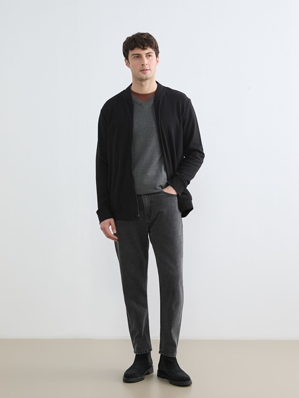 Siyah Kolej Yaka Erkek Fermuarlı Sweatshirt-1