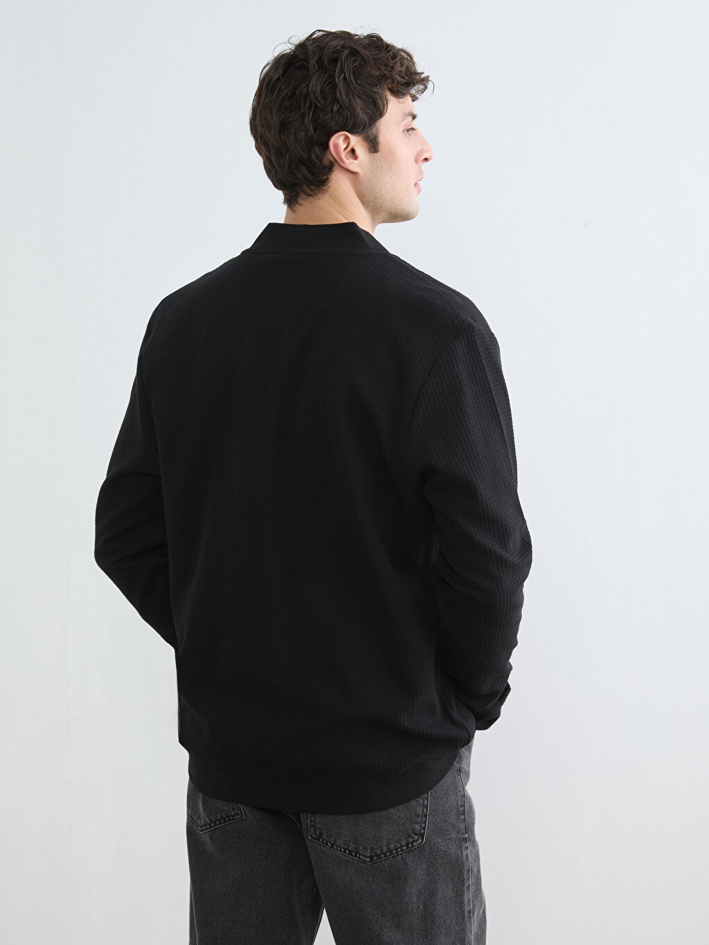 Siyah Kolej Yaka Erkek Fermuarlı Sweatshirt-3