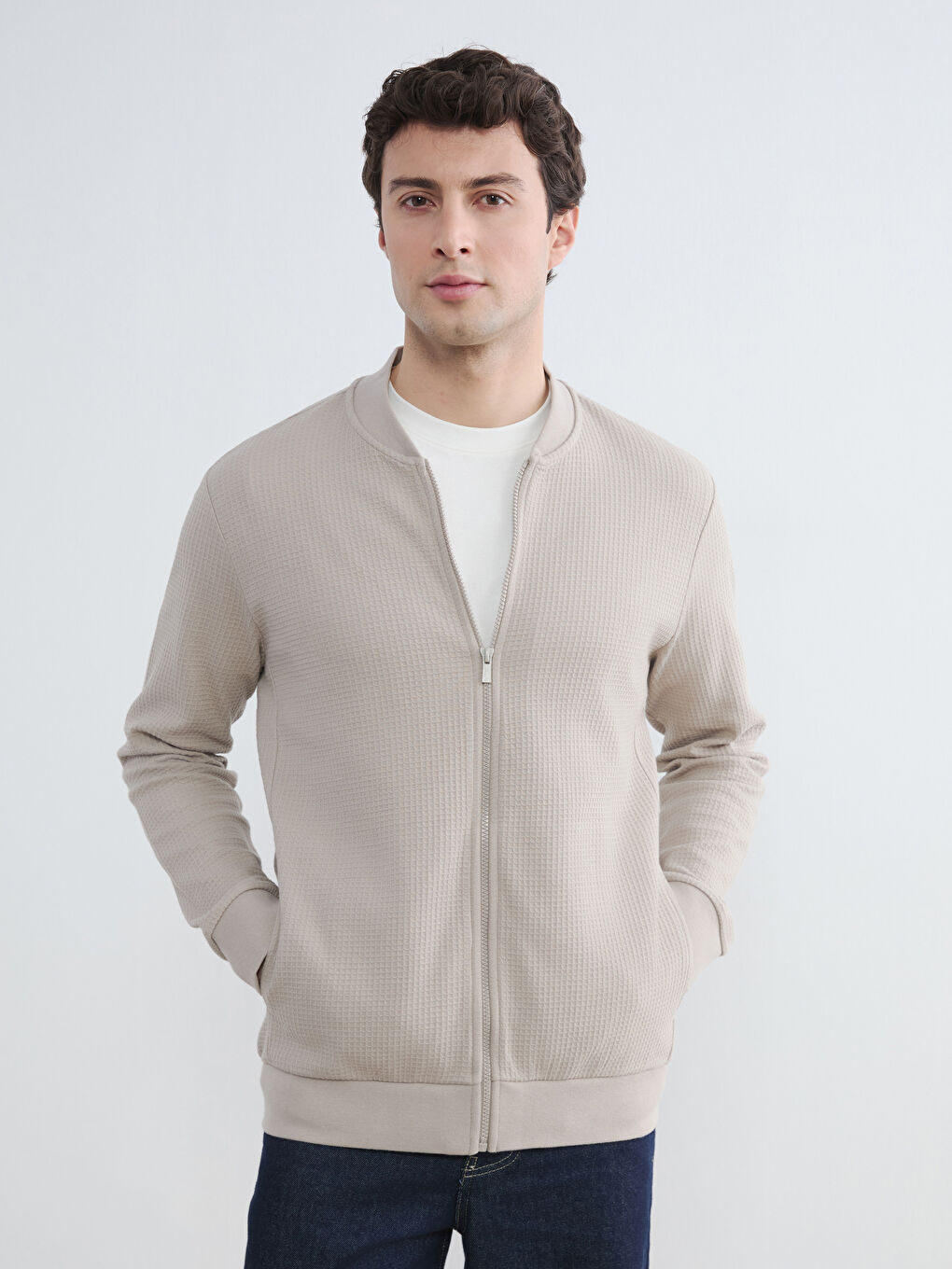 Bej Kolej Yaka Erkek Fermuarlı Sweatshirt