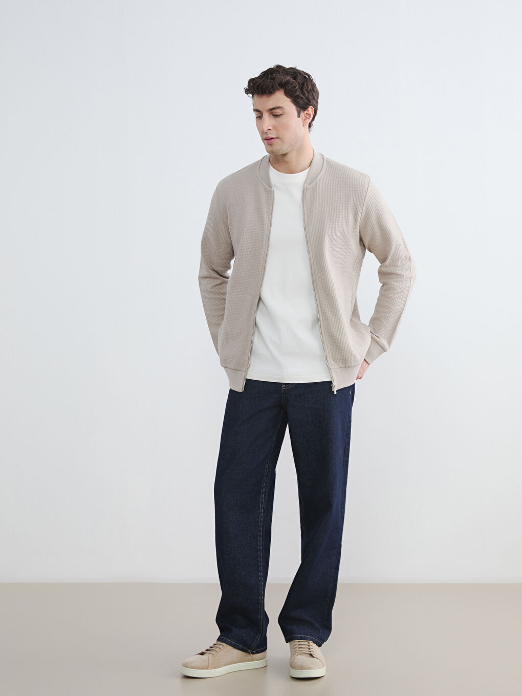 Bej Kolej Yaka Erkek Fermuarlı Sweatshirt-1