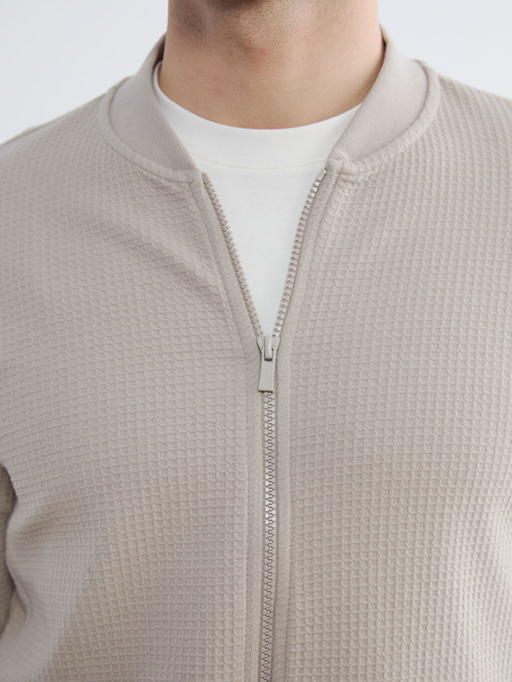 Bej Kolej Yaka Erkek Fermuarlı Sweatshirt-2