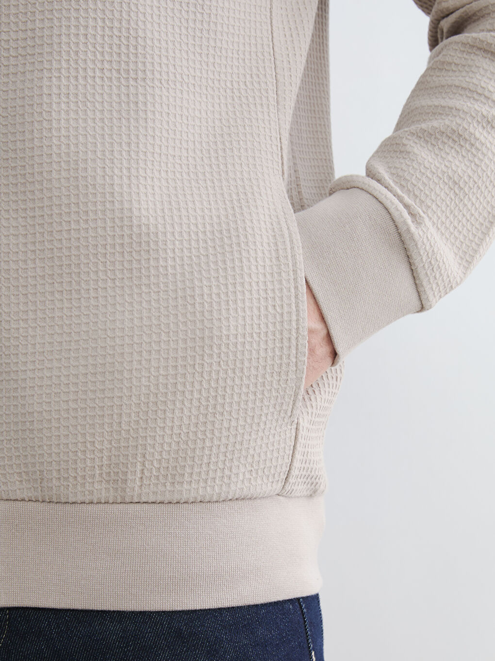 Bej Kolej Yaka Erkek Fermuarlı Sweatshirt-3